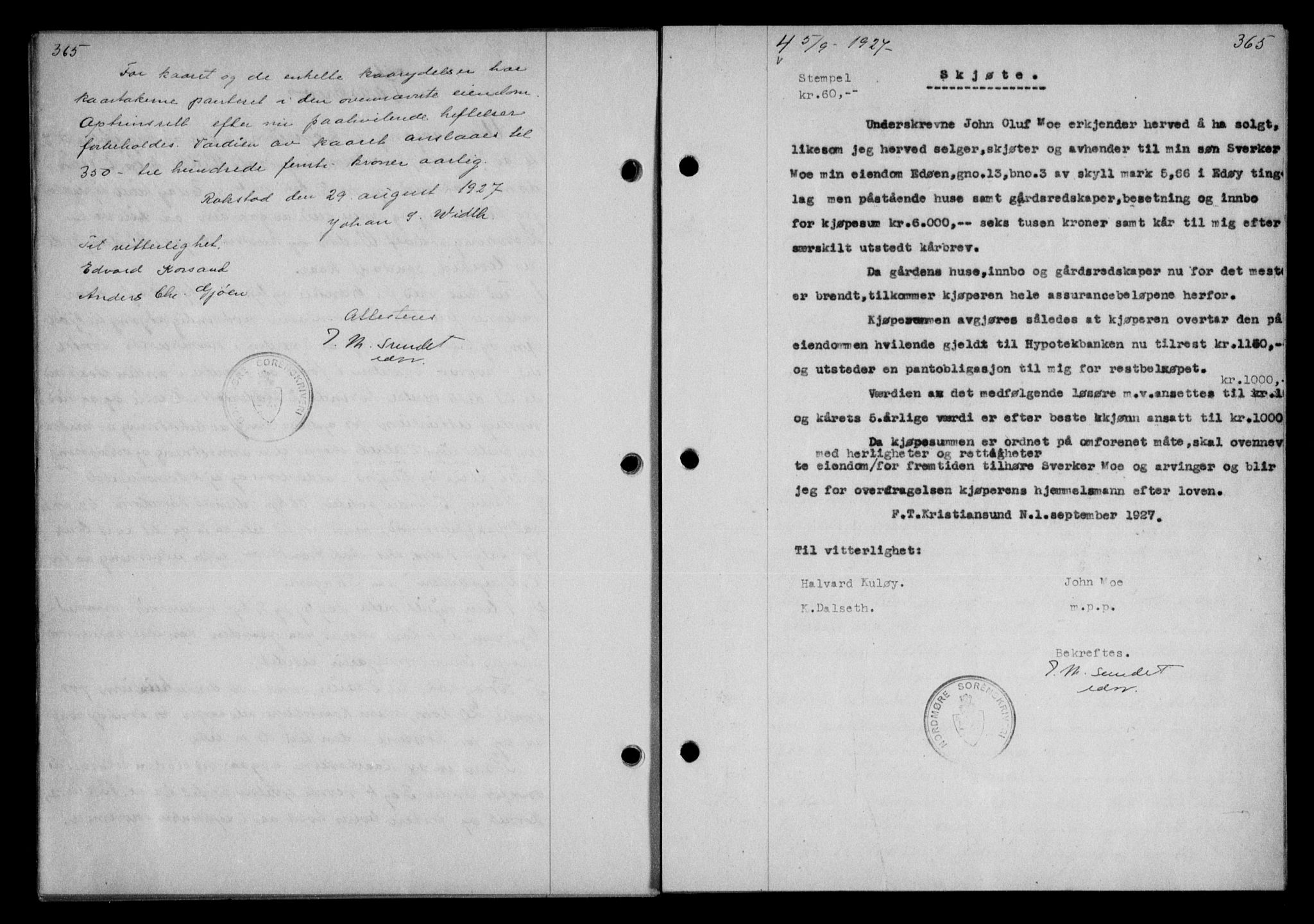 Nordmøre sorenskriveri, AV/SAT-A-4132/1/2/2Ca/L0062: Mortgage book no. 52, 1927-1927, Deed date: 05.09.1927