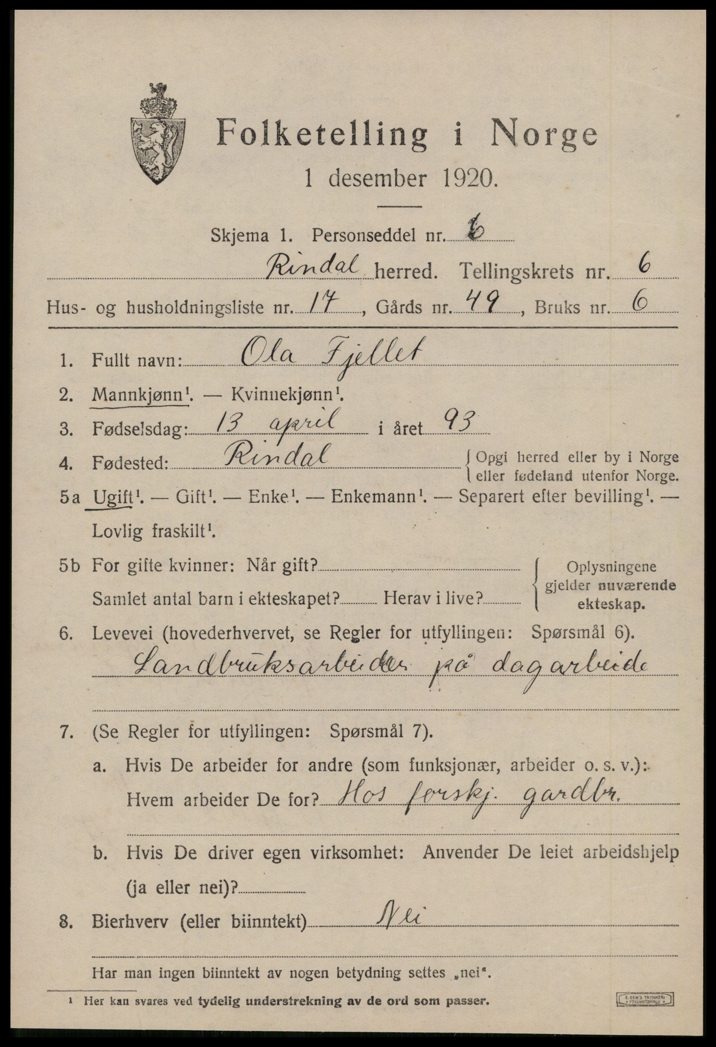 SAT, 1920 census for Rindal, 1920, p. 3532