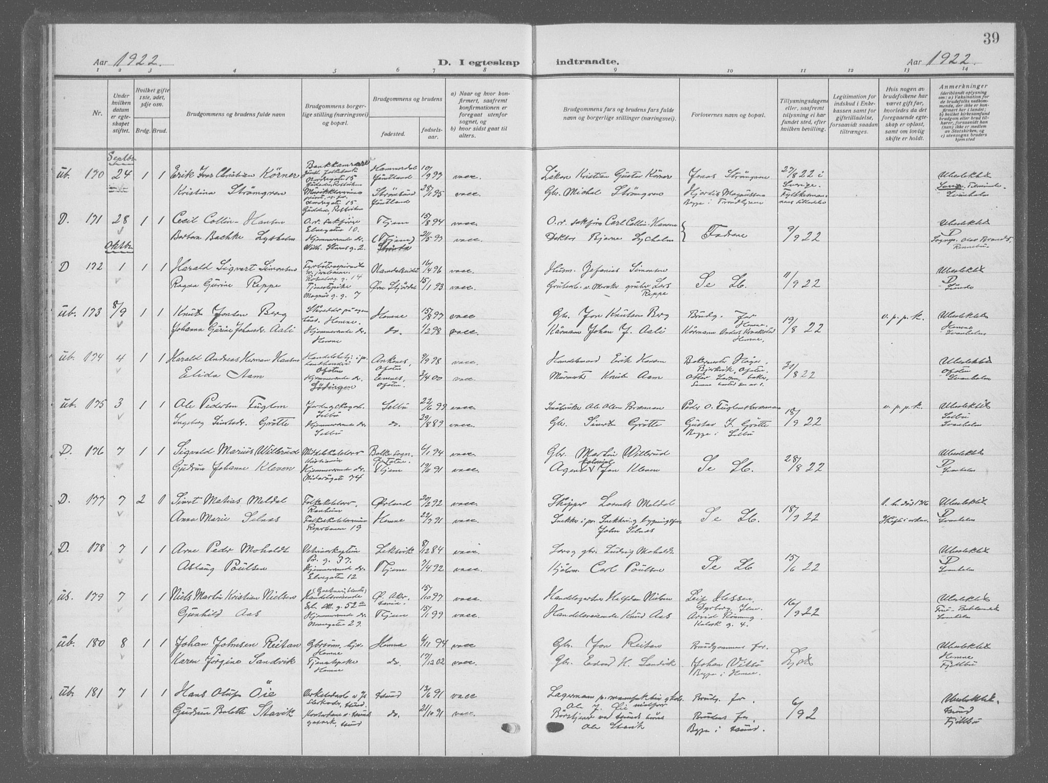 Ministerialprotokoller, klokkerbøker og fødselsregistre - Sør-Trøndelag, AV/SAT-A-1456/601/L0098: Parish register (copy) no. 601C16, 1921-1934, p. 39