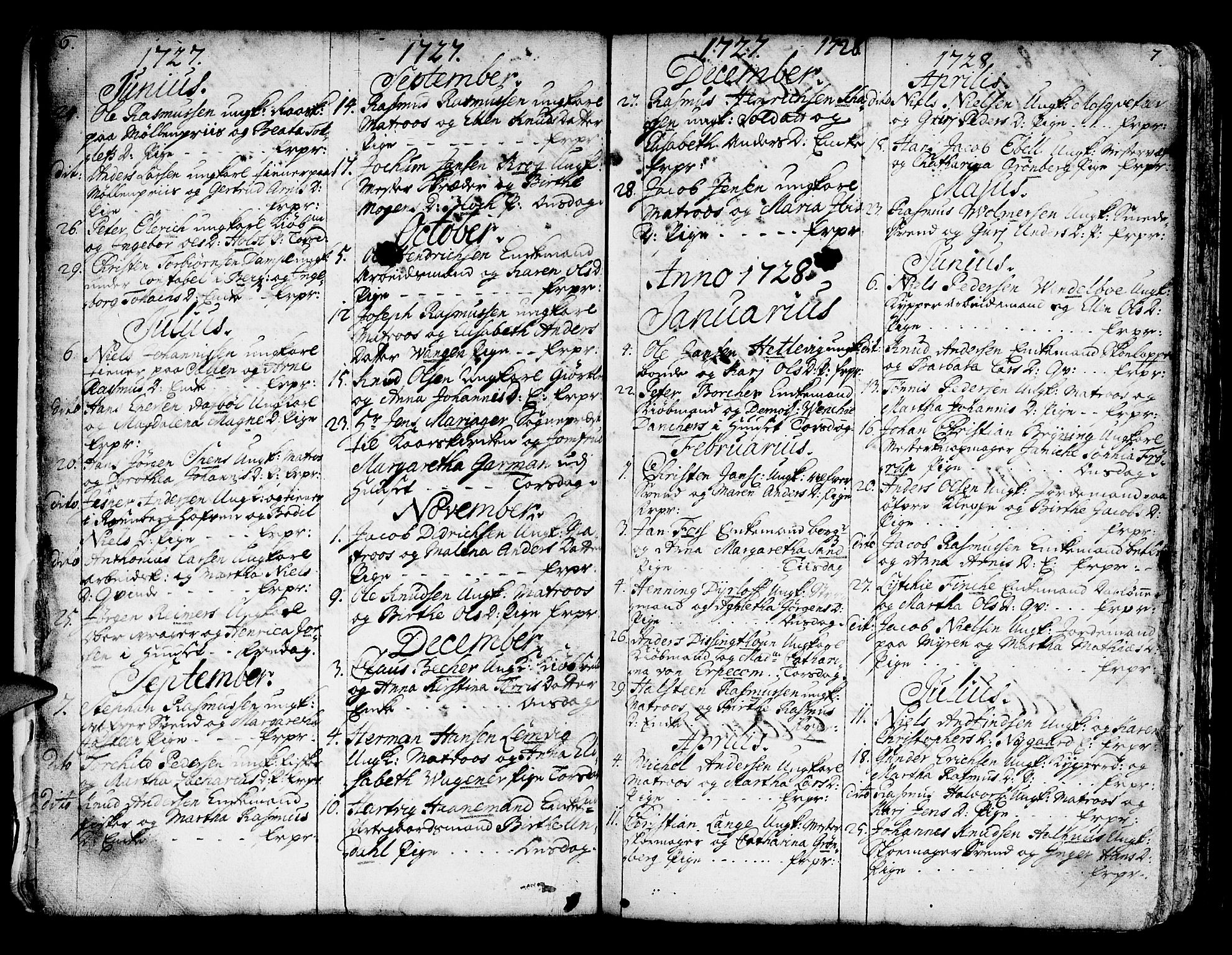 Domkirken sokneprestembete, SAB/A-74801/H/Haa/L0007: Parish register (official) no. A 7, 1725-1826, p. 6-7