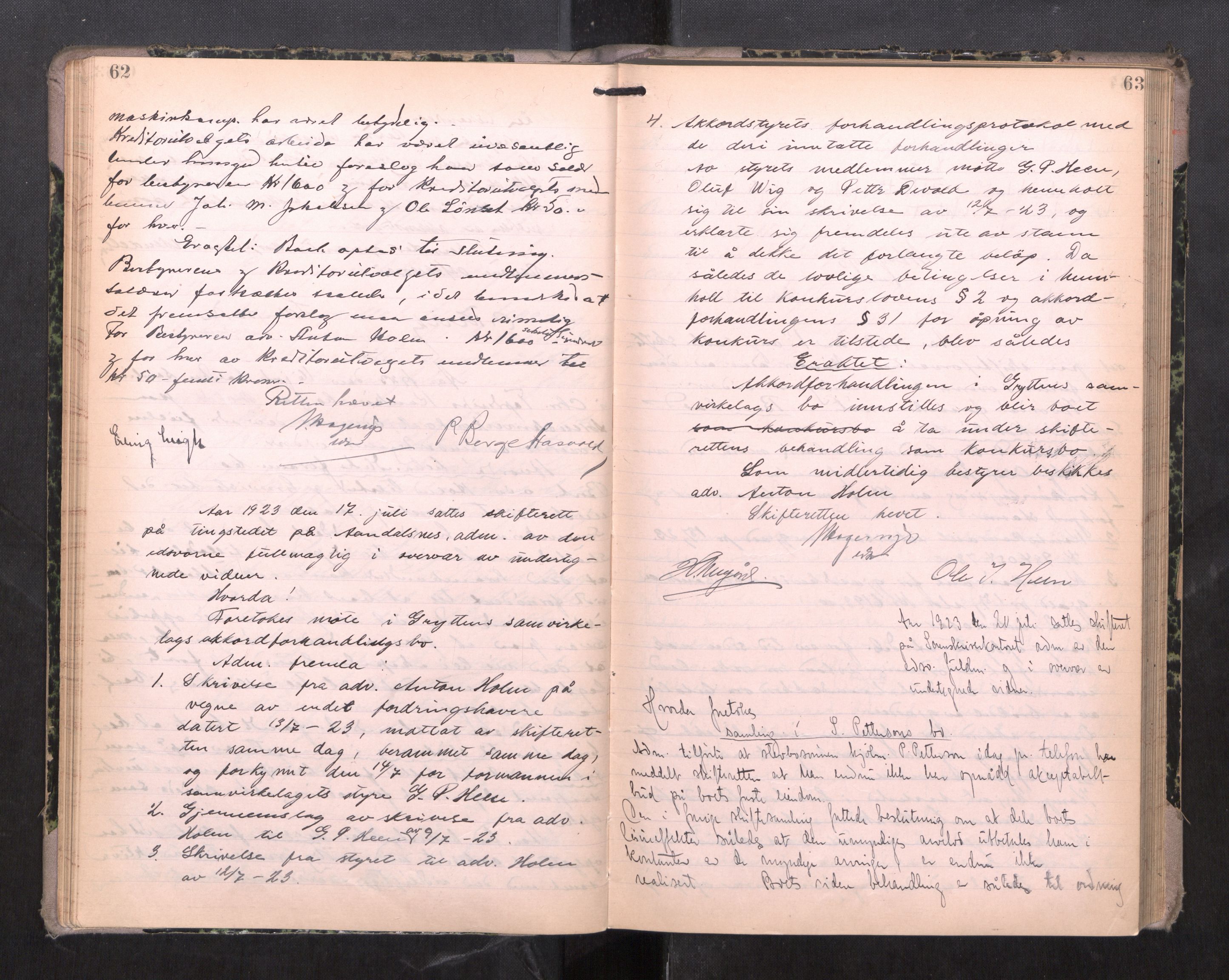 Romsdal sorenskriveri, AV/SAT-A-4149/1/3/3B/L0009: Skiftebehandlingsprotokoll, 1922-1928, p. 62-63