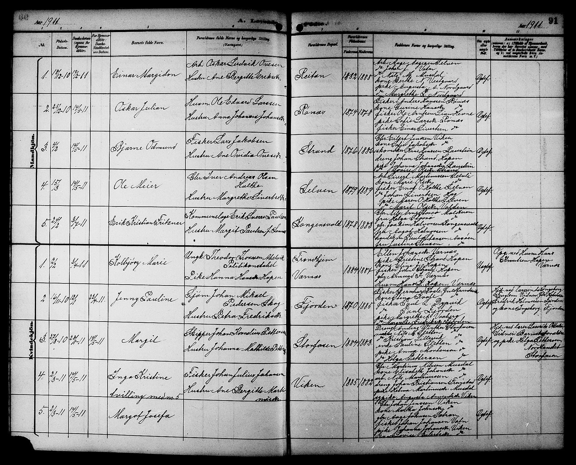 Ministerialprotokoller, klokkerbøker og fødselsregistre - Sør-Trøndelag, SAT/A-1456/662/L0757: Parish register (copy) no. 662C02, 1892-1918, p. 91
