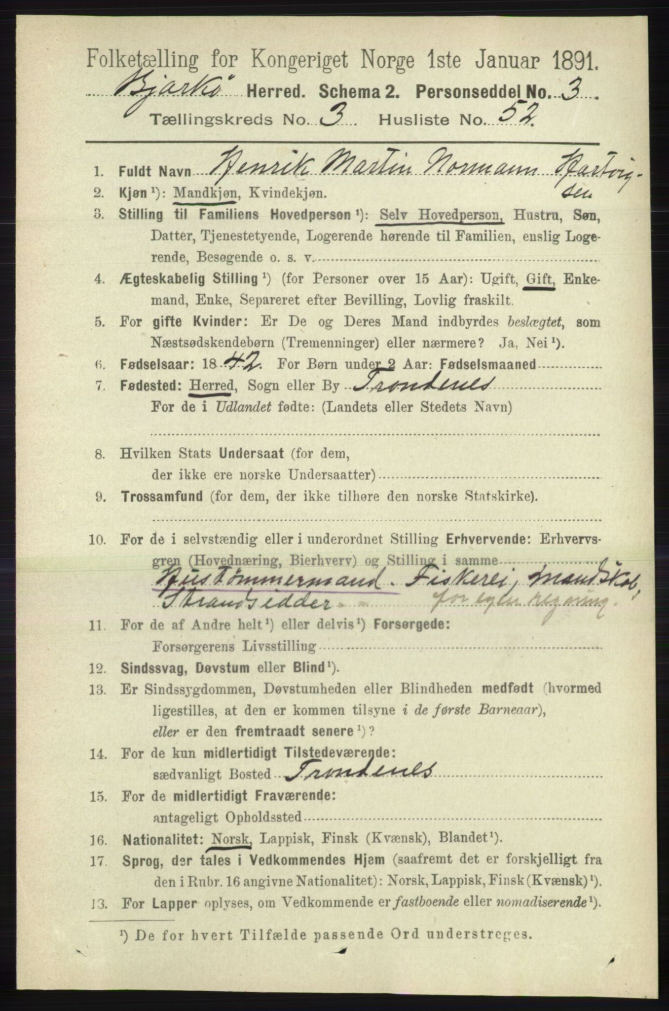 RA, 1891 census for 1915 Bjarkøy, 1891, p. 1866