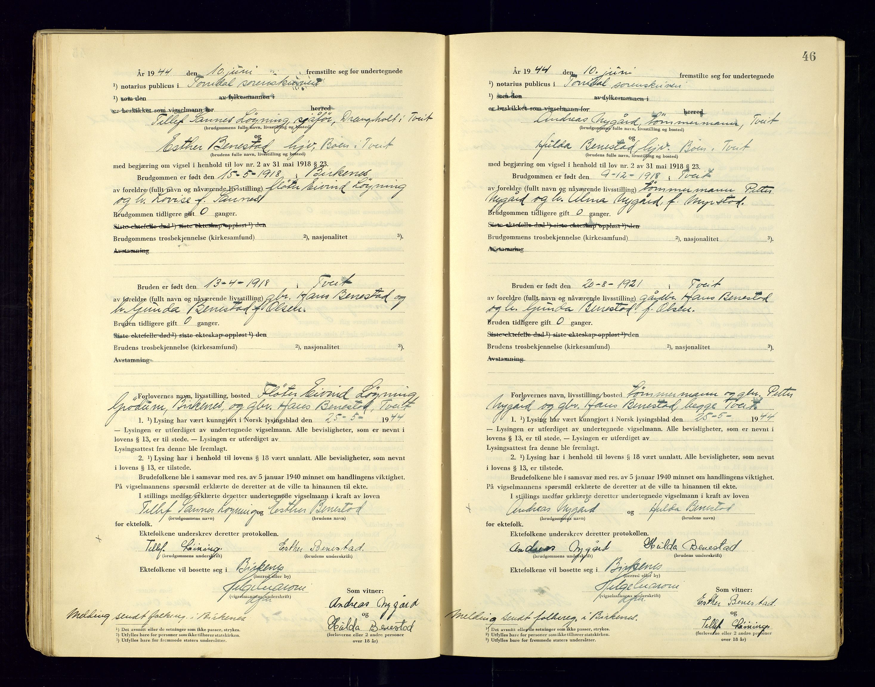 Torridal sorenskriveri, AV/SAK-1221-0012/L/Ld/L0004: Vigselbok nr. 2, 1943-1946, p. 46