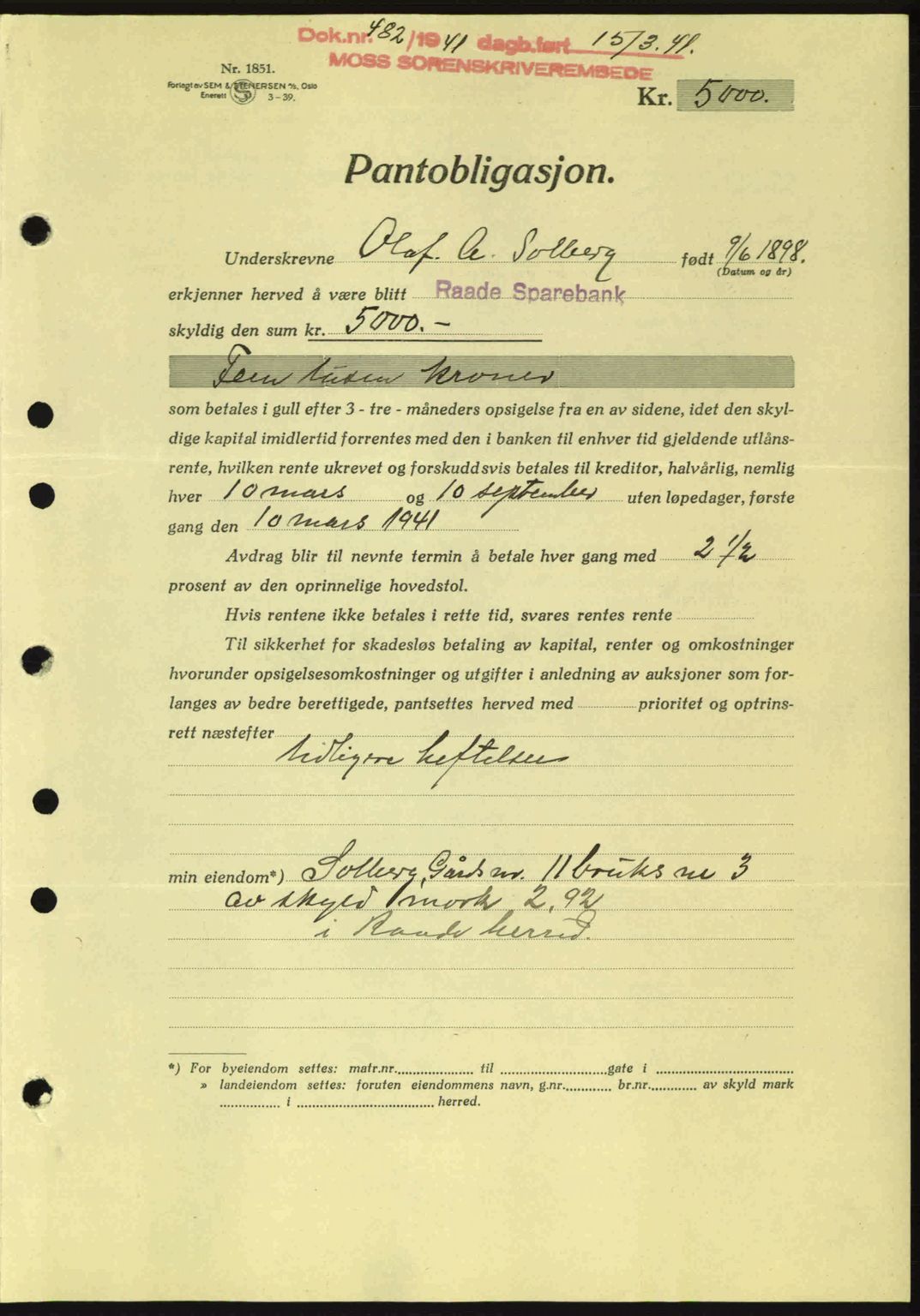 Moss sorenskriveri, SAO/A-10168: Mortgage book no. B10, 1940-1941, Diary no: : 482/1941