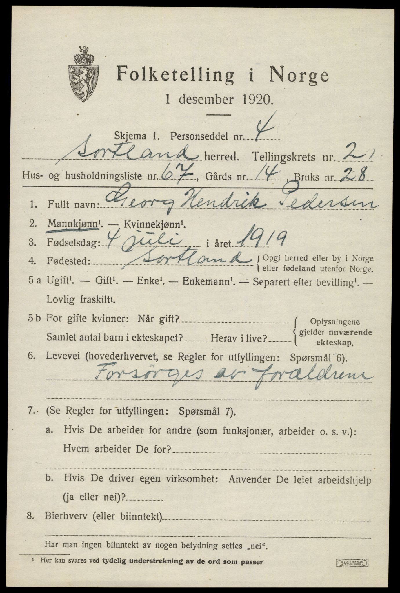 SAT, 1920 census for Sortland, 1920, p. 3556