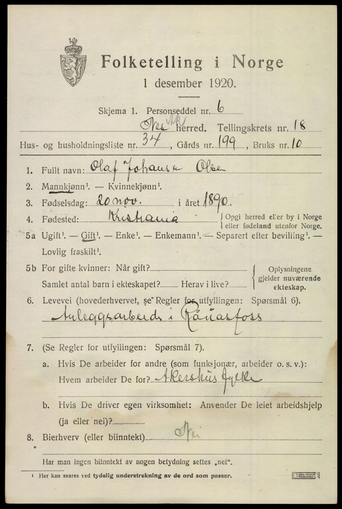 SAO, 1920 census for Nes, 1920, p. 18236