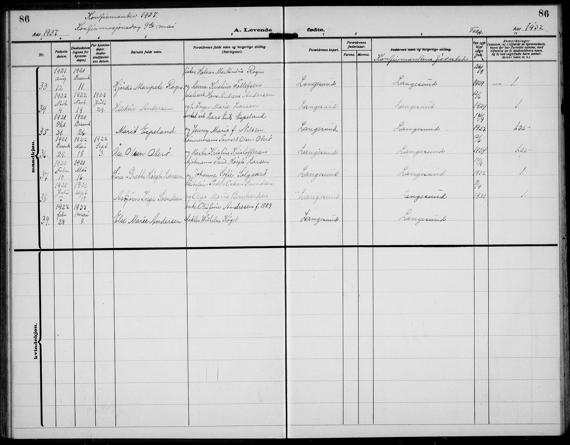 Langesund kirkebøker, AV/SAKO-A-280/G/Ga/L0007: Parish register (copy) no. 7, 1919-1939, p. 86