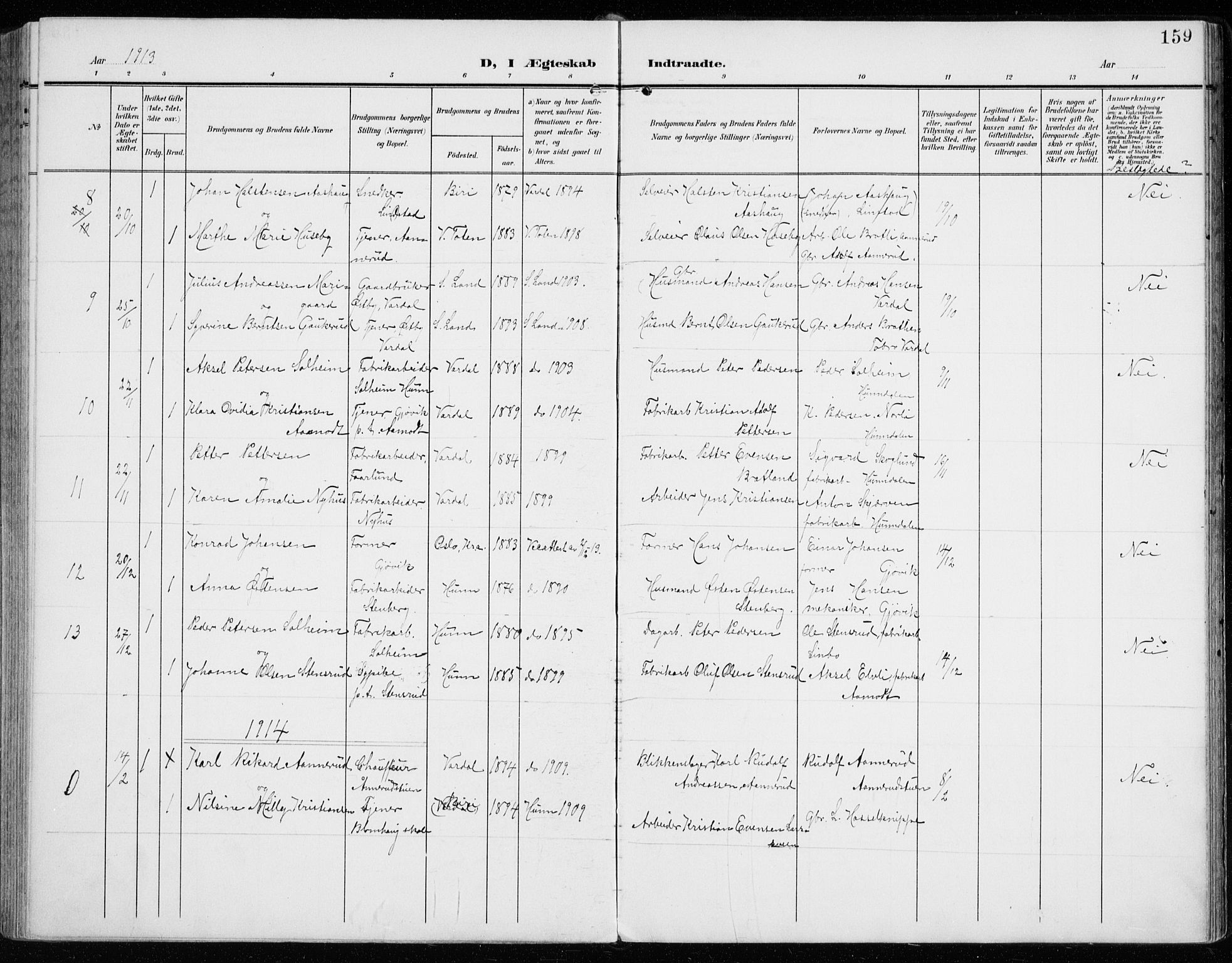 Vardal prestekontor, SAH/PREST-100/H/Ha/Haa/L0016: Parish register (official) no. 16, 1904-1916, p. 159