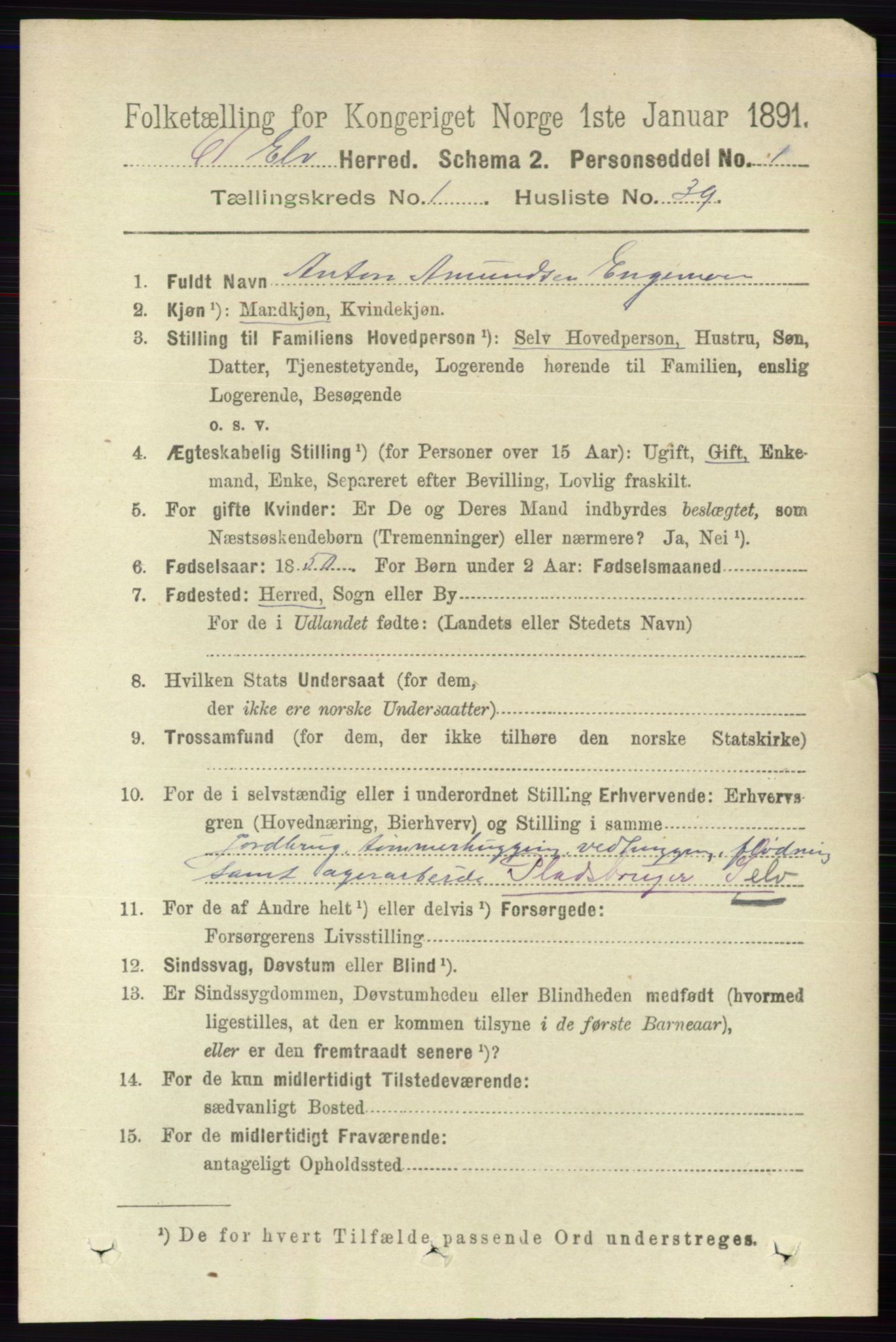 RA, 1891 census for 0427 Elverum, 1891, p. 429