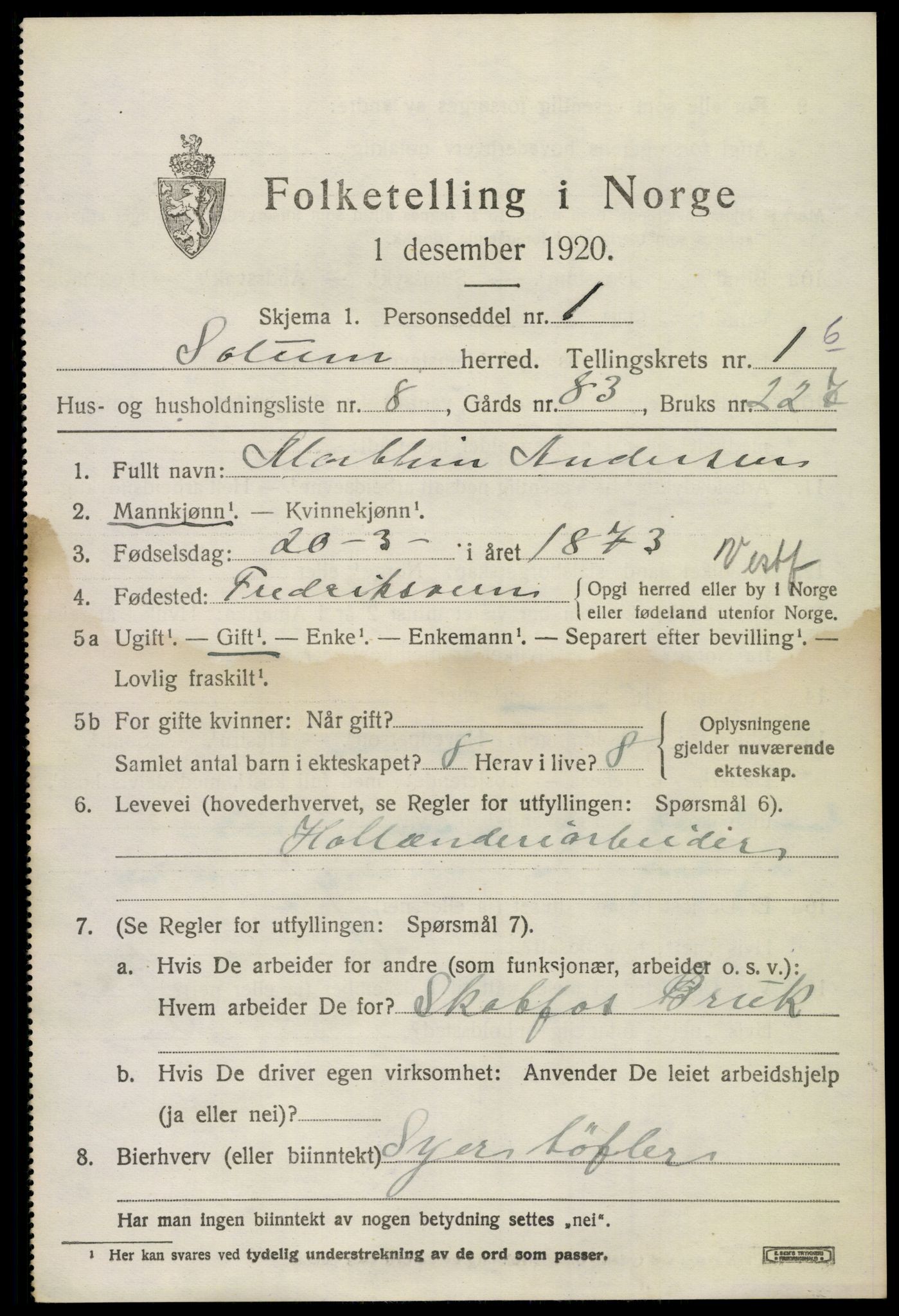 SAKO, 1920 census for Solum, 1920, p. 4214
