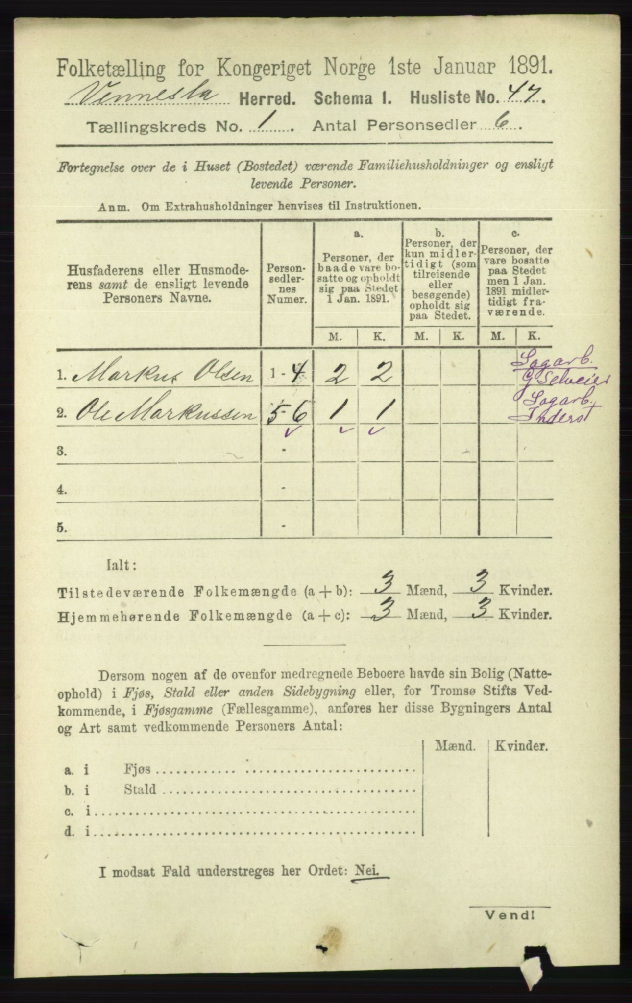 RA, 1891 census for 1014 Vennesla, 1891, p. 64