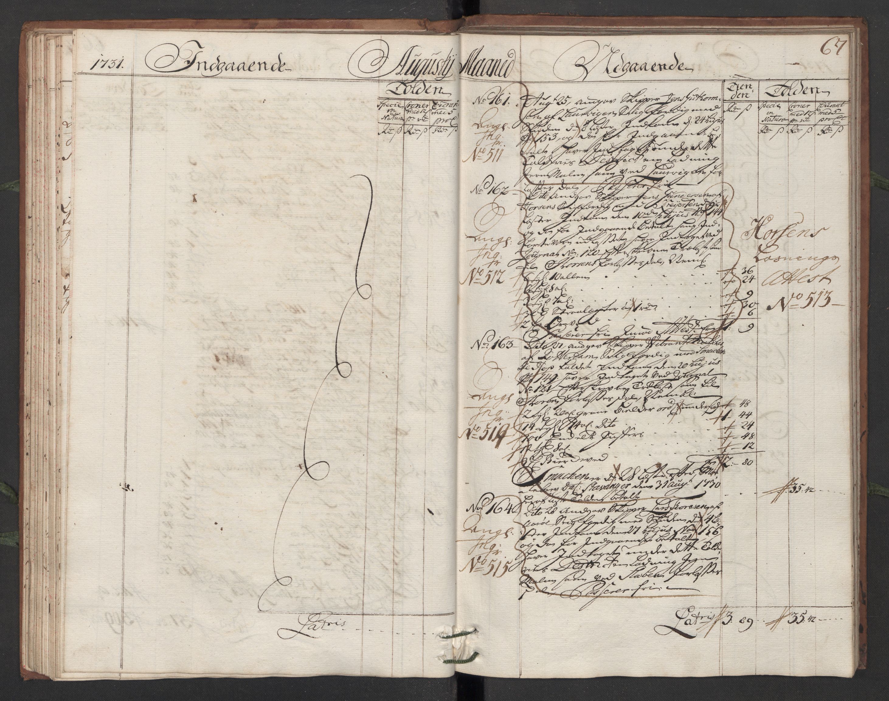 Generaltollkammeret, tollregnskaper, RA/EA-5490/R13/L0006/0001: Tollregnskaper Kragerø / Hovedtollbok, 1731, p. 66b-67a