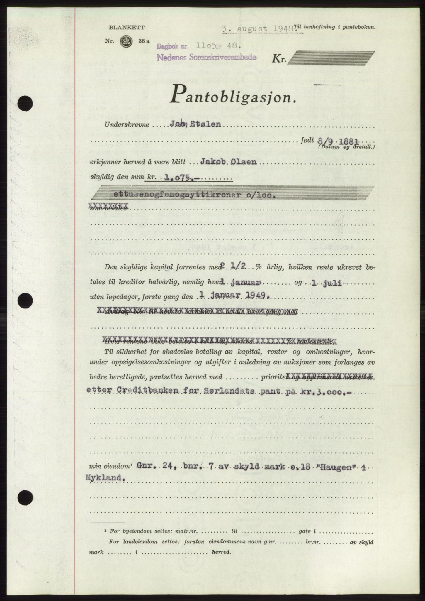 Nedenes sorenskriveri, AV/SAK-1221-0006/G/Gb/Gbb/L0005: Mortgage book no. B5, 1948-1948, Diary no: : 1105/1948