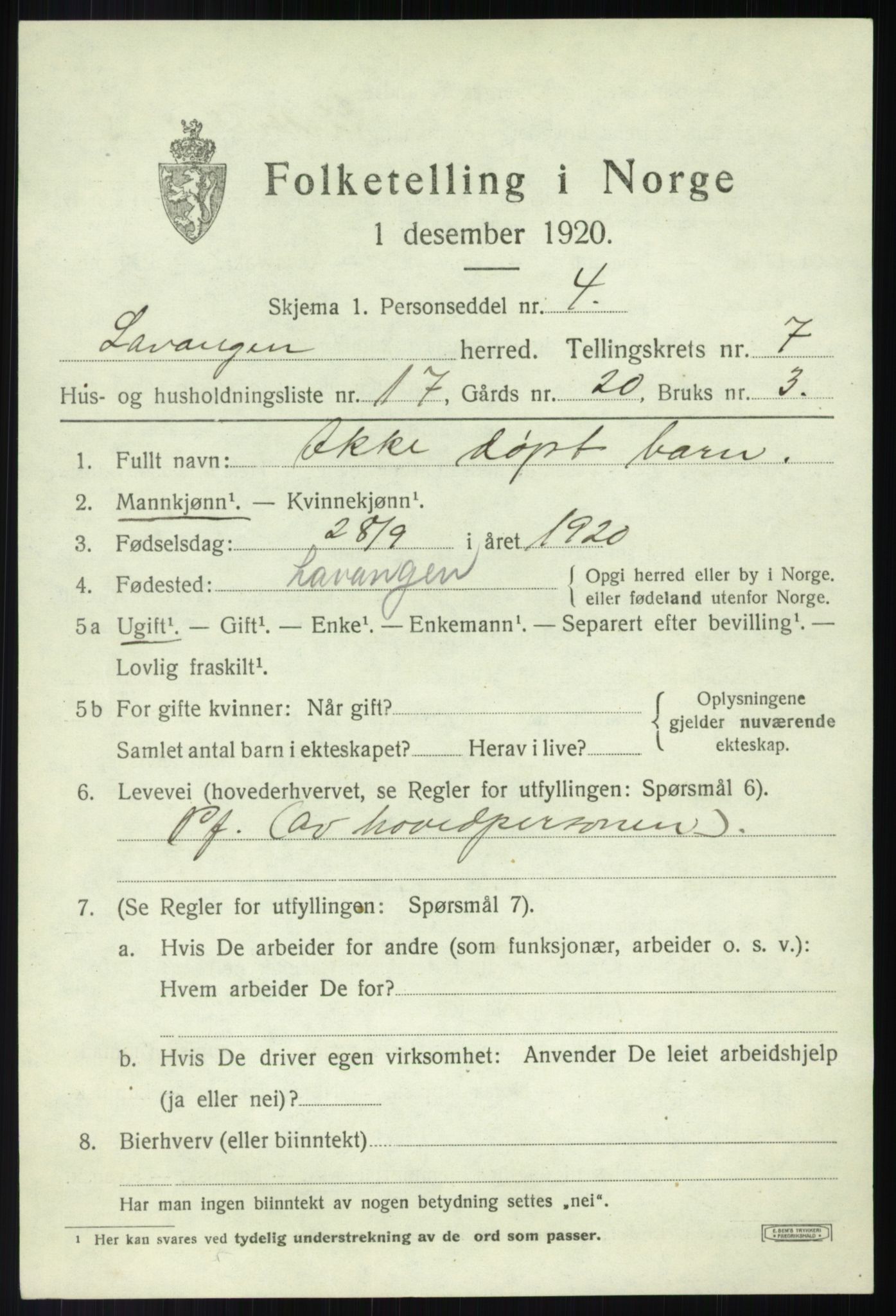 SATØ, 1920 census for Lavangen, 1920, p. 2915