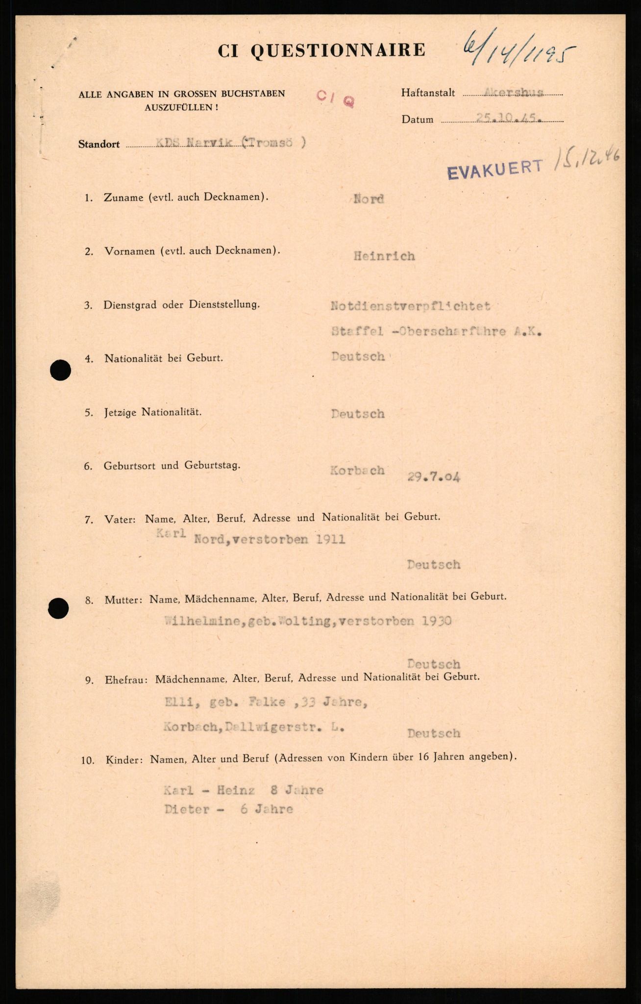 Forsvaret, Forsvarets overkommando II, AV/RA-RAFA-3915/D/Db/L0024: CI Questionaires. Tyske okkupasjonsstyrker i Norge. Tyskere., 1945-1946, p. 334