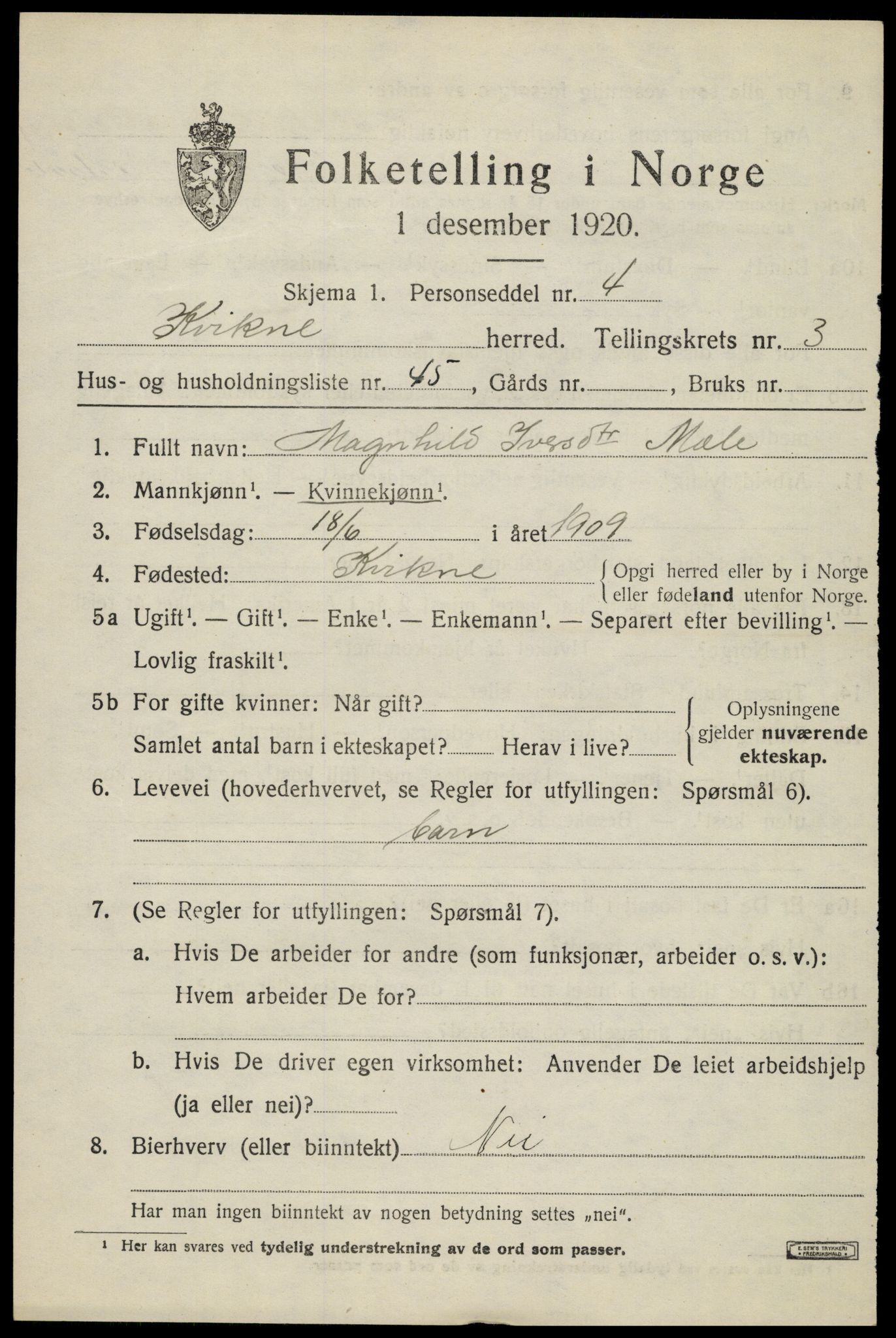 SAH, 1920 census for Kvikne, 1920, p. 1624