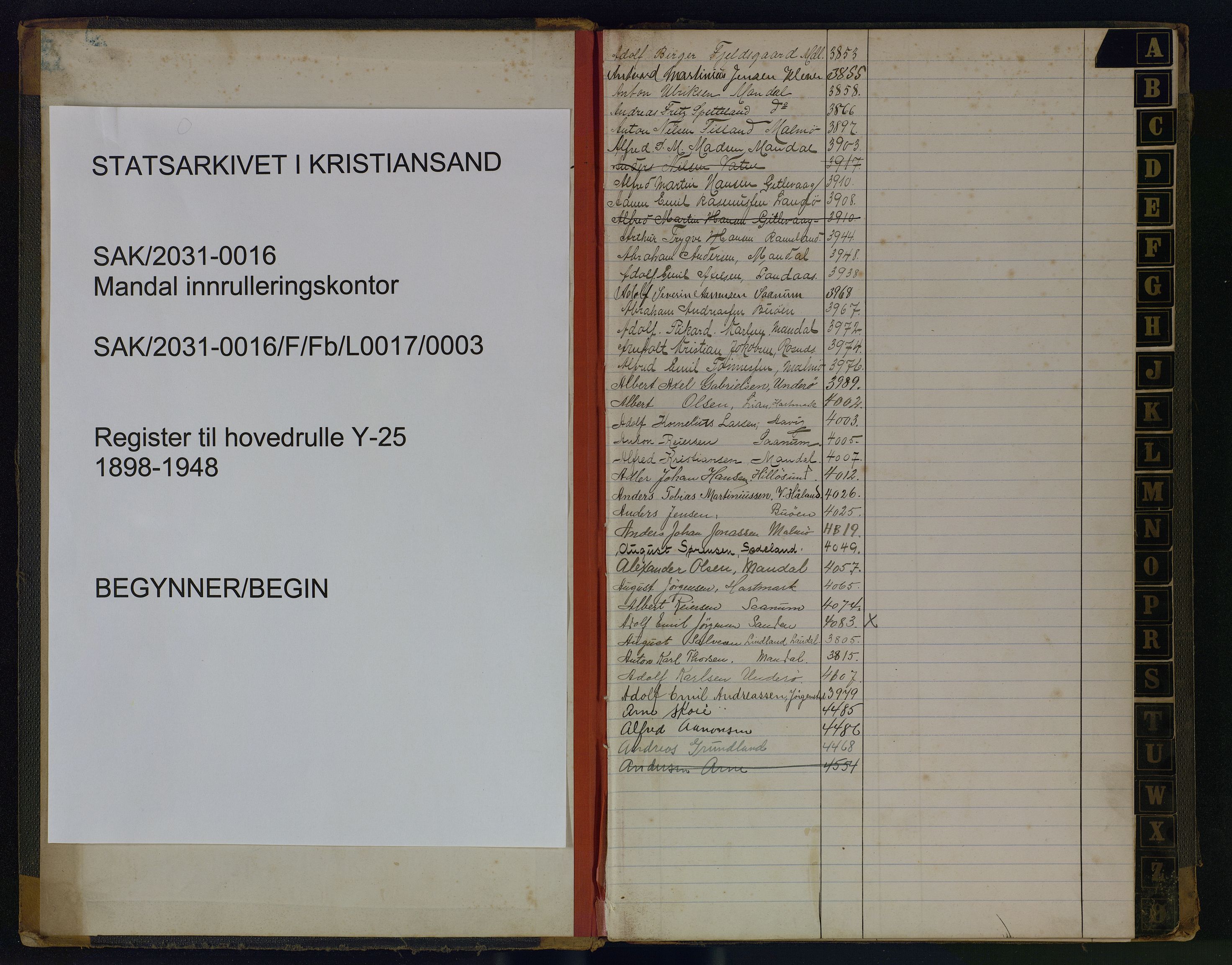 Mandal mønstringskrets, SAK/2031-0016/F/Fb/L0017/0003: Register til annontasjonsrulle og hovedrulle, Y-37 / Register til hovedrulle Y-25, 1898-1948, p. 1