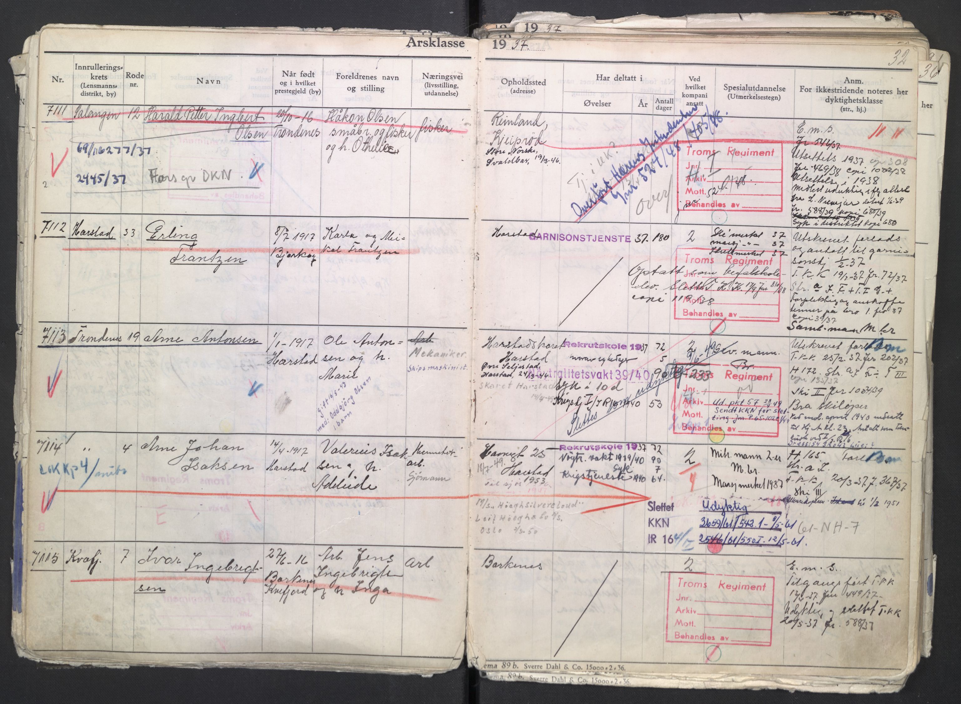 Forsvaret, Troms infanteriregiment nr. 16, AV/RA-RAFA-3146/P/Pa/L0007/0002: Ruller / Rulle for regimentets menige mannskaper, årsklasse 1937, 1937, p. 32