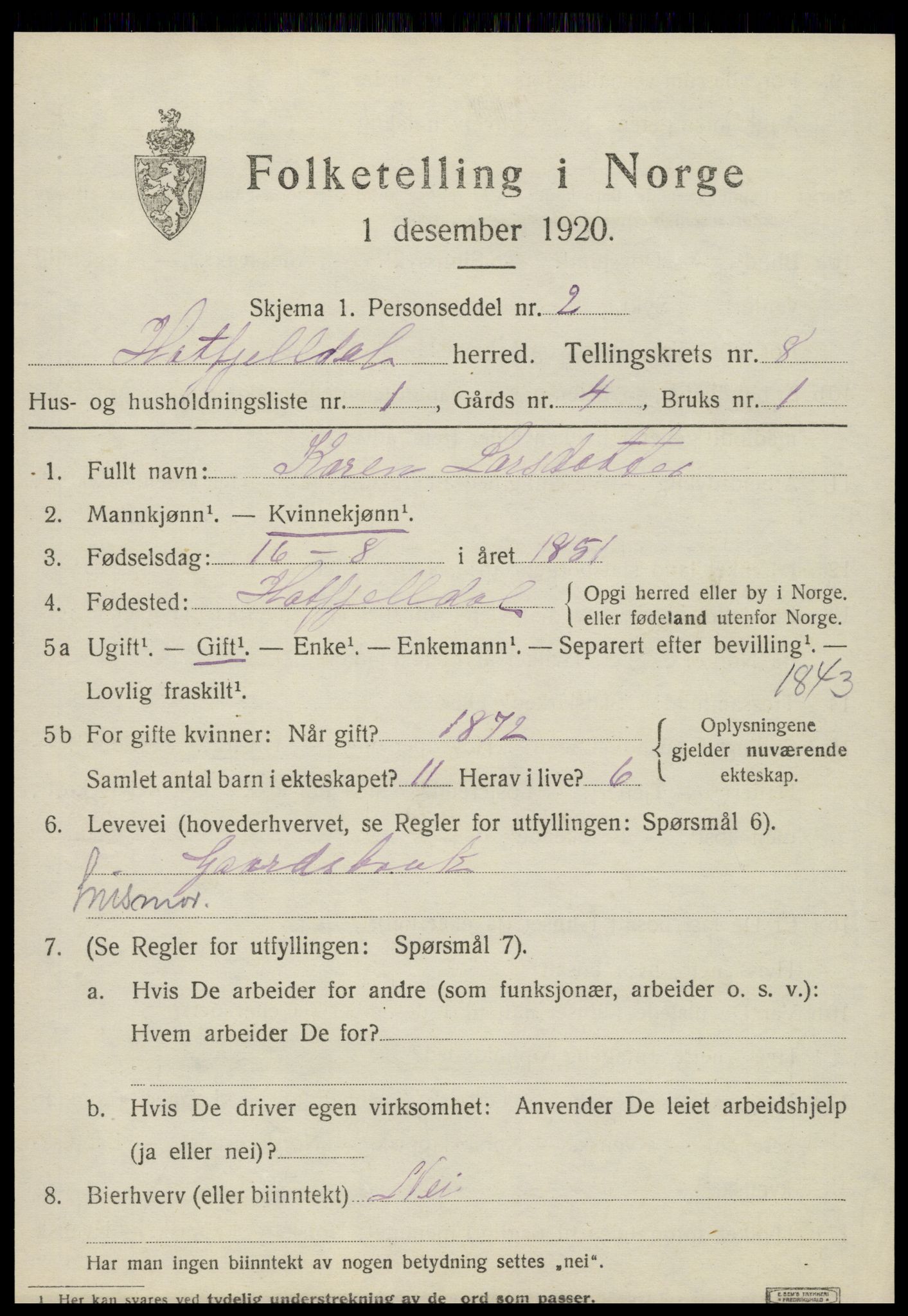 SAT, 1920 census for Hattfjelldal, 1920, p. 1836