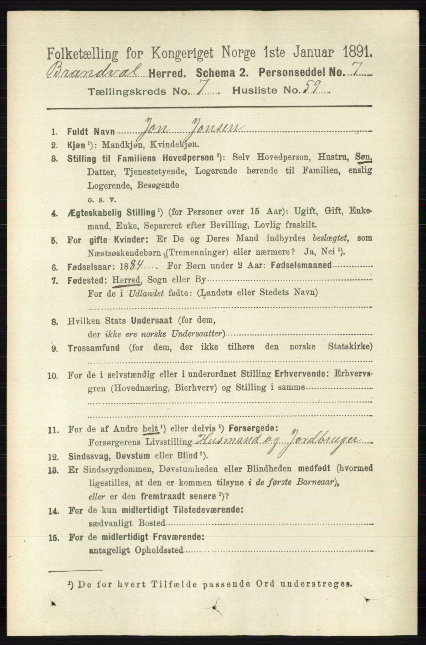 RA, 1891 census for 0422 Brandval, 1891, p. 3716