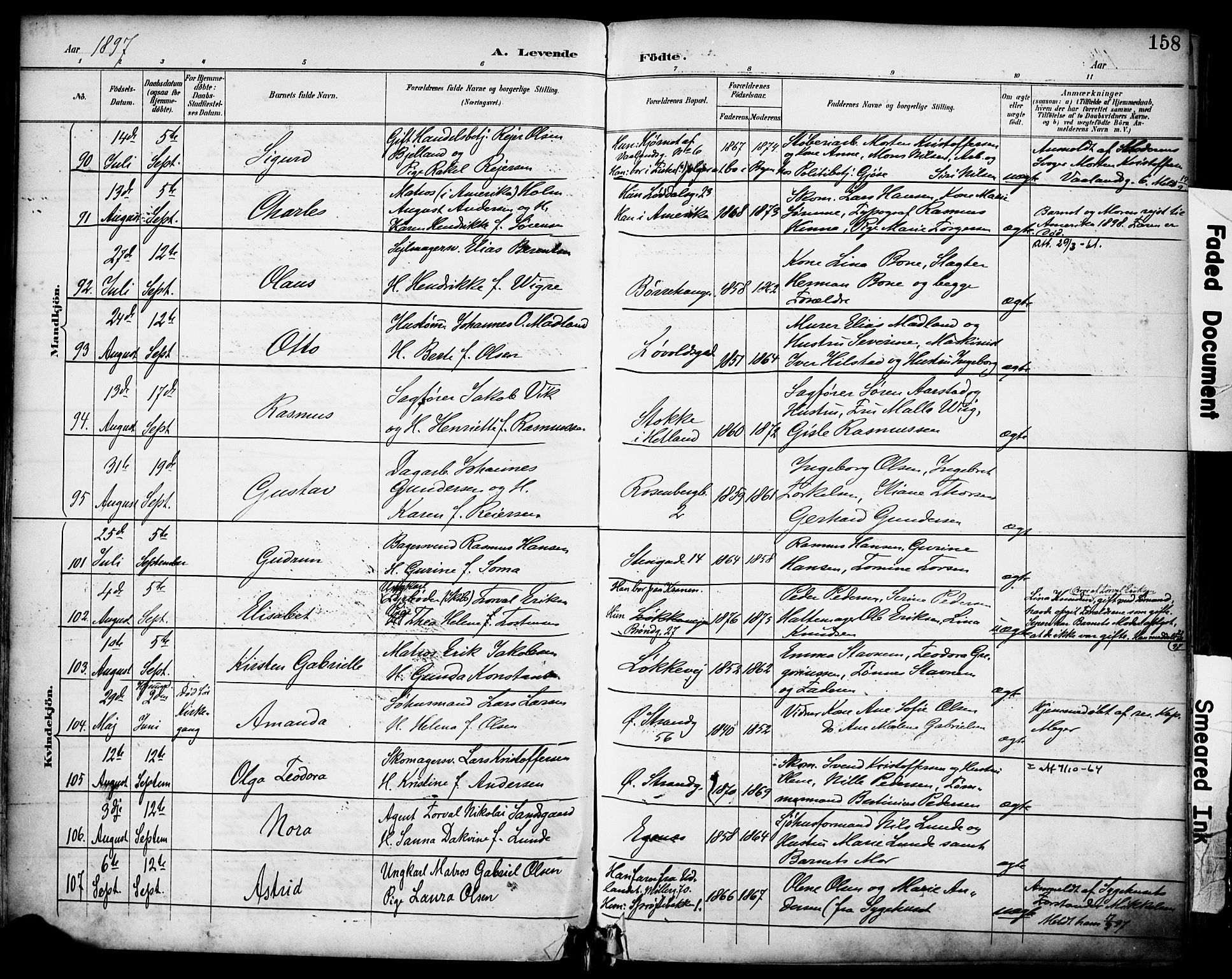 Domkirken sokneprestkontor, SAST/A-101812/001/30/30BA/L0030: Parish register (official) no. A 29, 1889-1902, p. 158