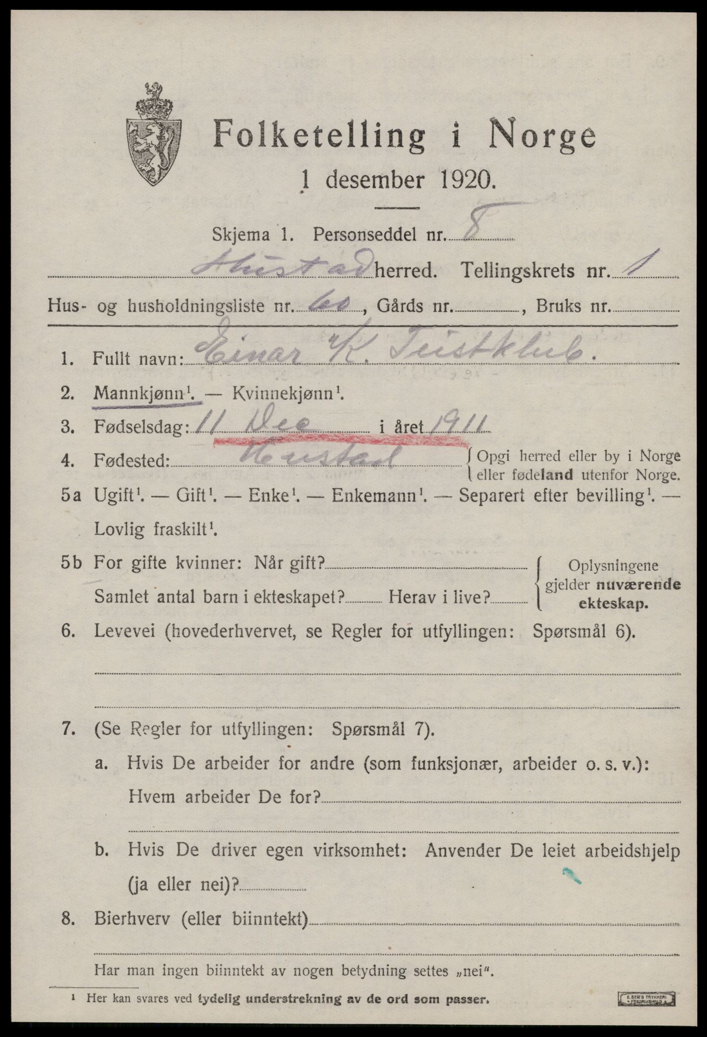 SAT, 1920 census for Hustad, 1920, p. 1491