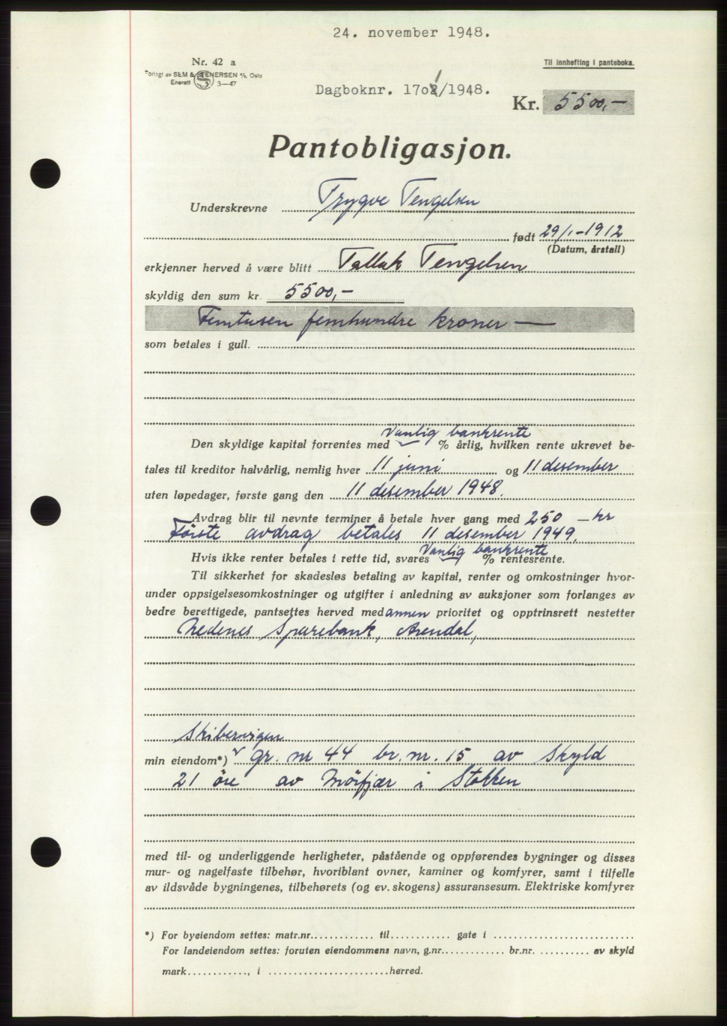 Nedenes sorenskriveri, AV/SAK-1221-0006/G/Gb/Gbb/L0005: Mortgage book no. B5, 1948-1948, Diary no: : 1701/1948