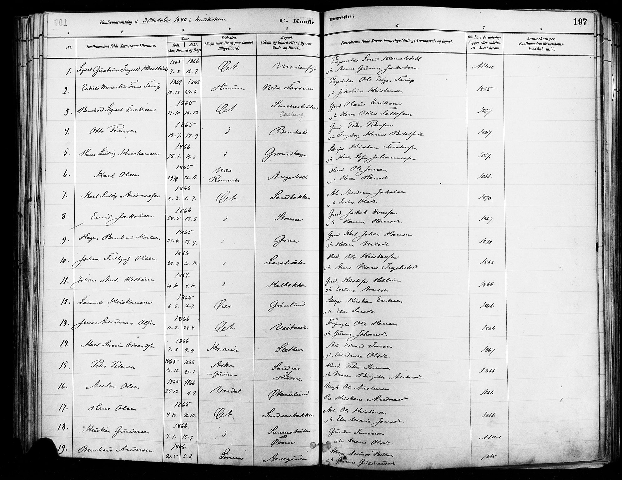 Østre Aker prestekontor Kirkebøker, AV/SAO-A-10840/F/Fa/L0006: Parish register (official) no. I 5, 1879-1882, p. 197