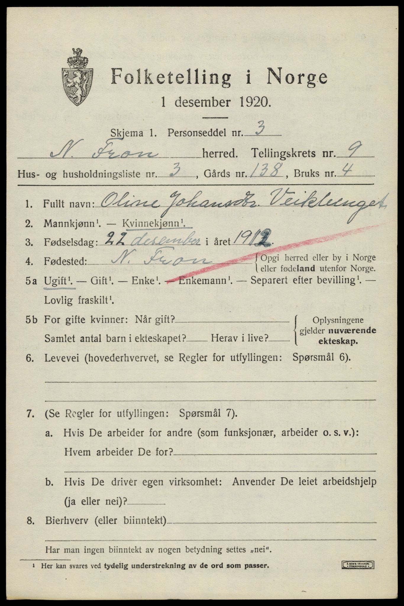 SAH, 1920 census for Nord-Fron, 1920, p. 7496