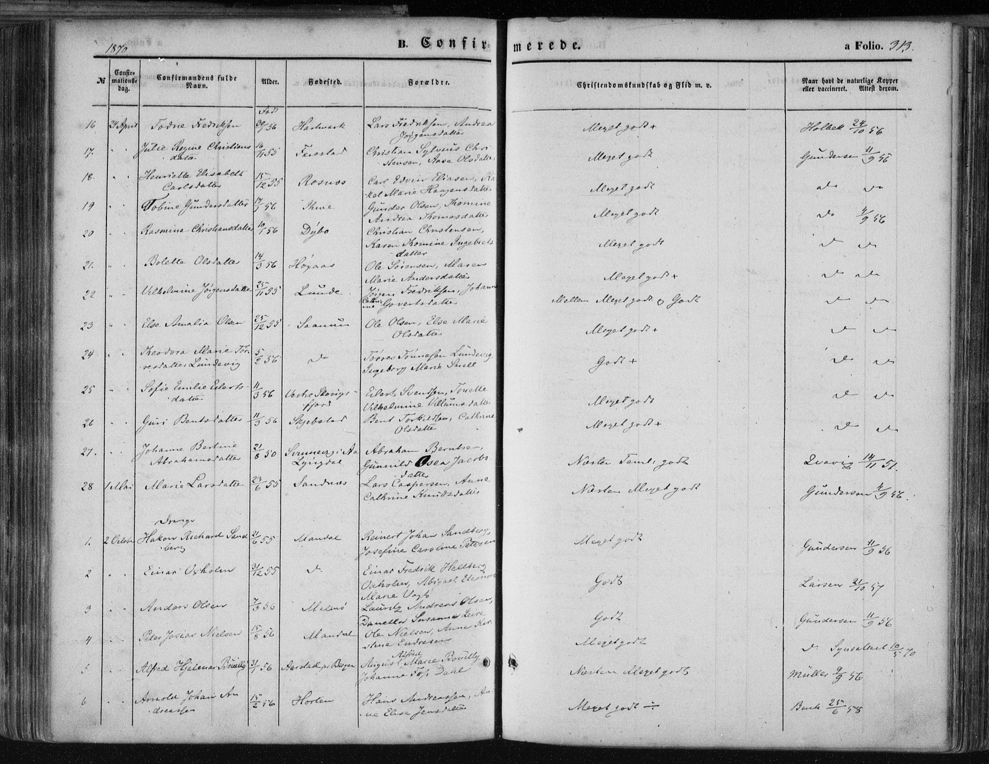 Mandal sokneprestkontor, AV/SAK-1111-0030/F/Fa/Faa/L0014: Parish register (official) no. A 14, 1859-1872, p. 313