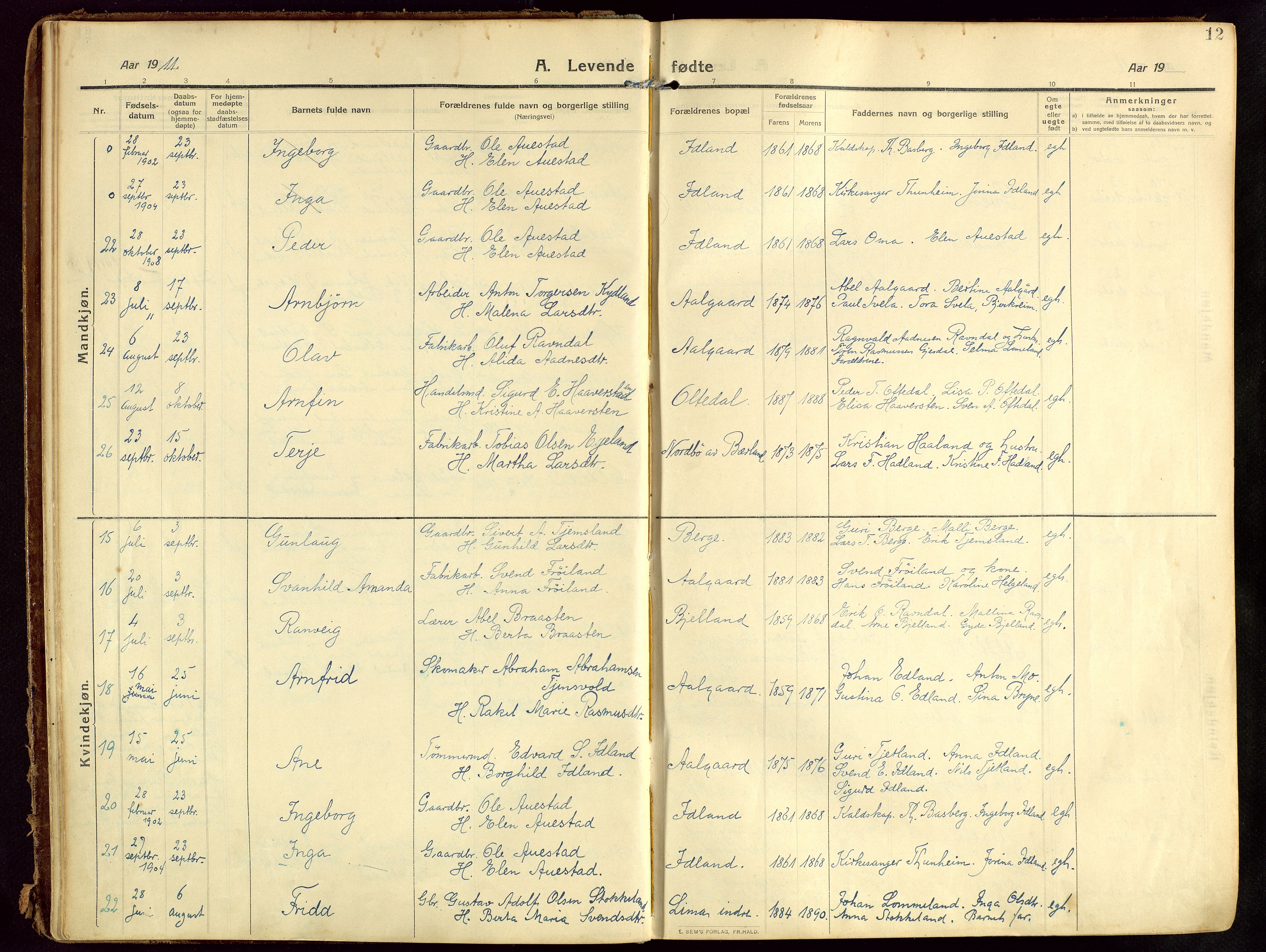 Lye sokneprestkontor, AV/SAST-A-101794/002/B/L0001: Parish register (official) no. A 13, 1910-1925, p. 12