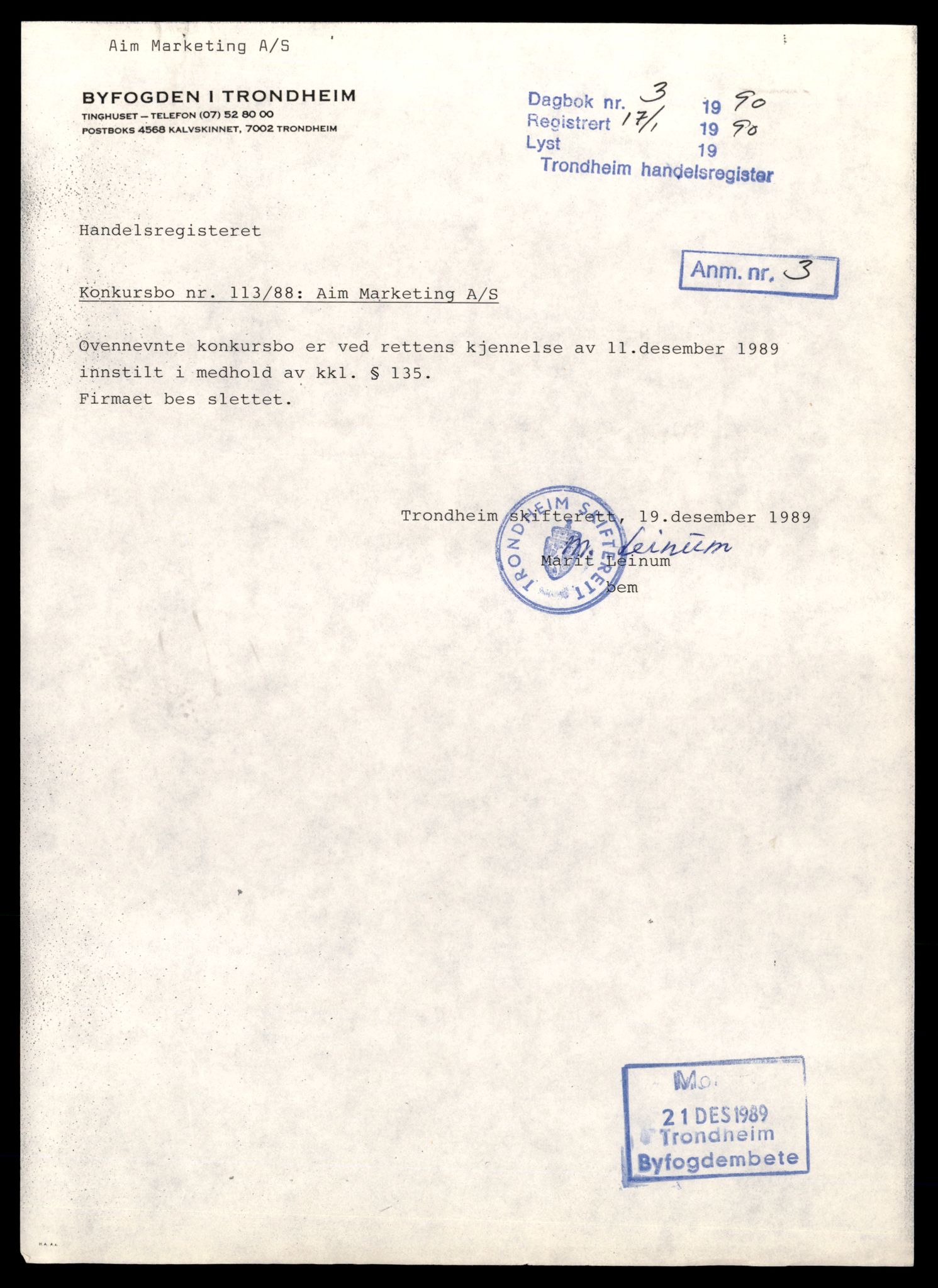 Trondheim byfogd, AV/SAT-A-0003/2/J/Jd/Jdb/L0110: Aksjeselskap, andelslag og borettslag, A-C, 1989-1990, p. 1