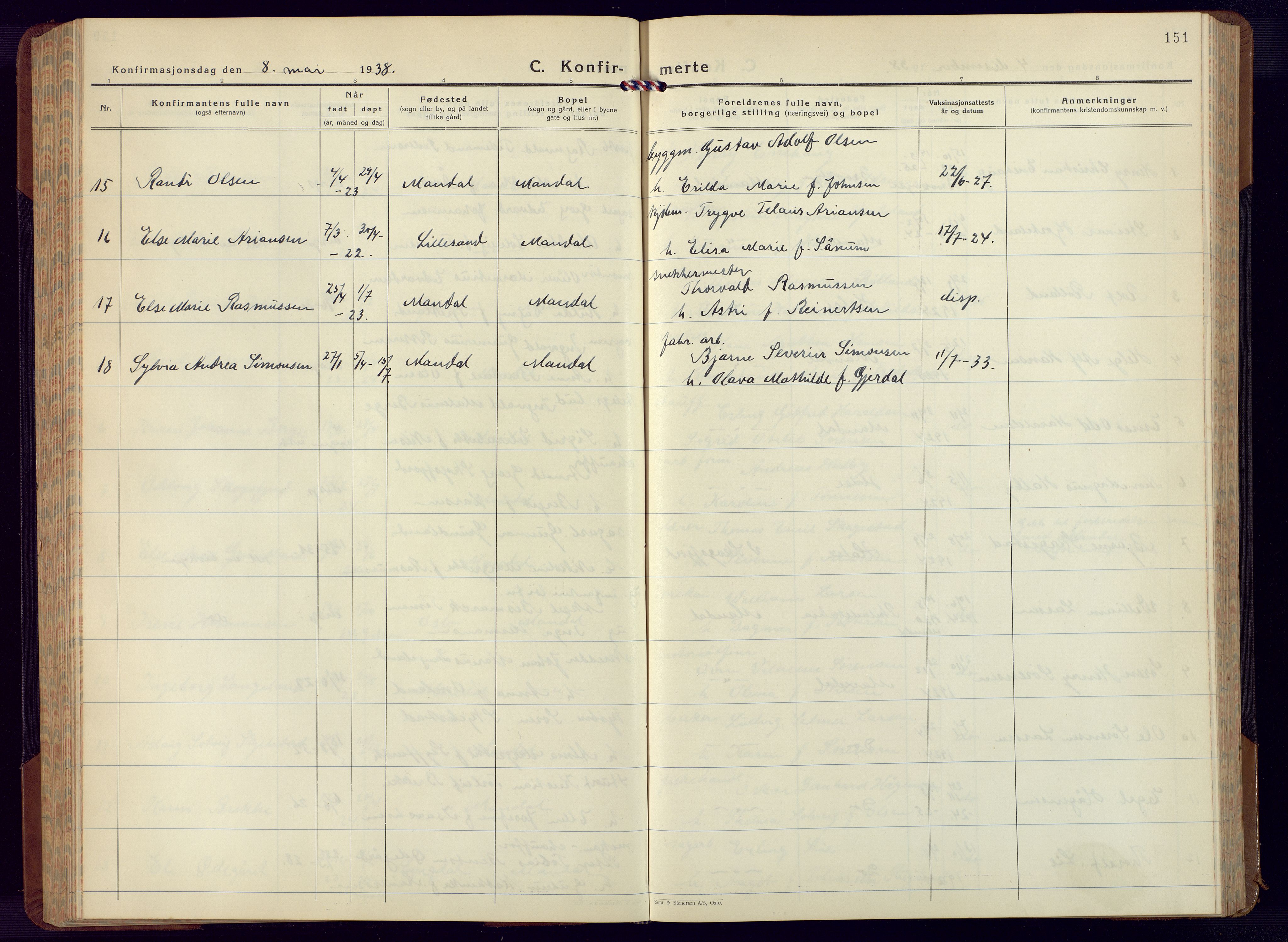 Mandal sokneprestkontor, AV/SAK-1111-0030/F/Fb/Fbc/L0002: Parish register (copy) no. B 2, 1931-1949, p. 151