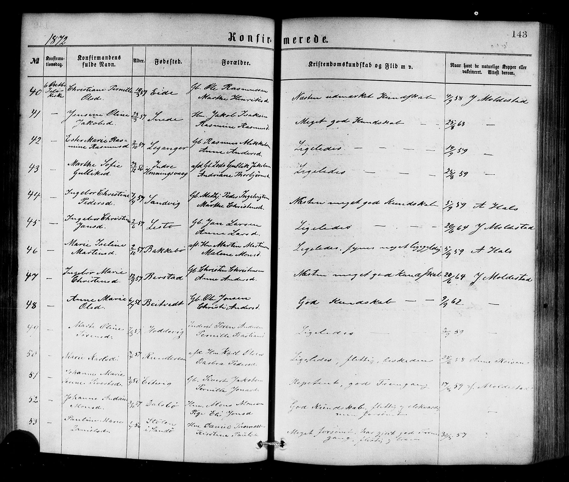 Selje sokneprestembete, AV/SAB-A-99938/H/Ha/Haa/Haaa: Parish register (official) no. A 12, 1870-1880, p. 143