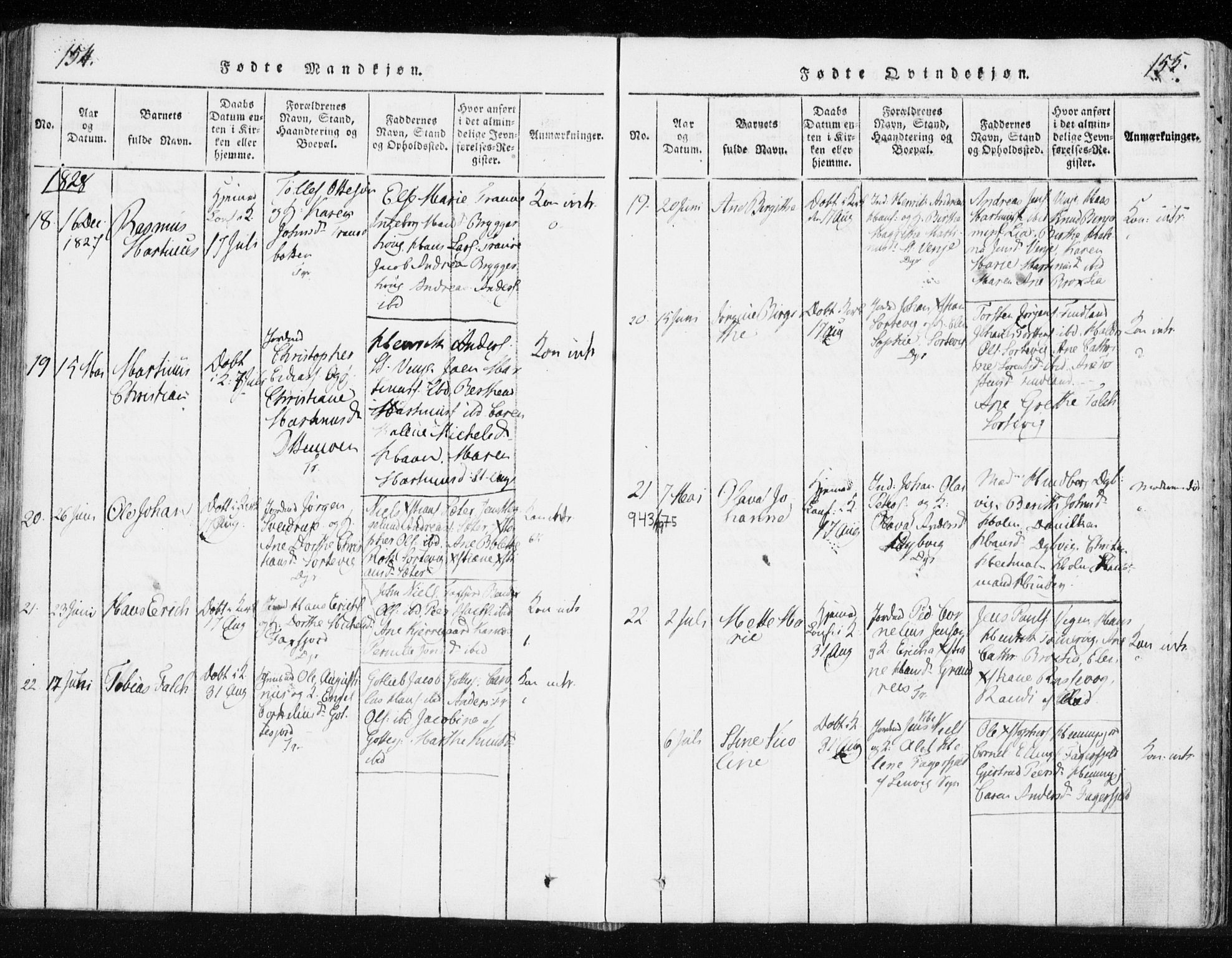 Tranøy sokneprestkontor, AV/SATØ-S-1313/I/Ia/Iaa/L0004kirke: Parish register (official) no. 4, 1820-1829, p. 154-155