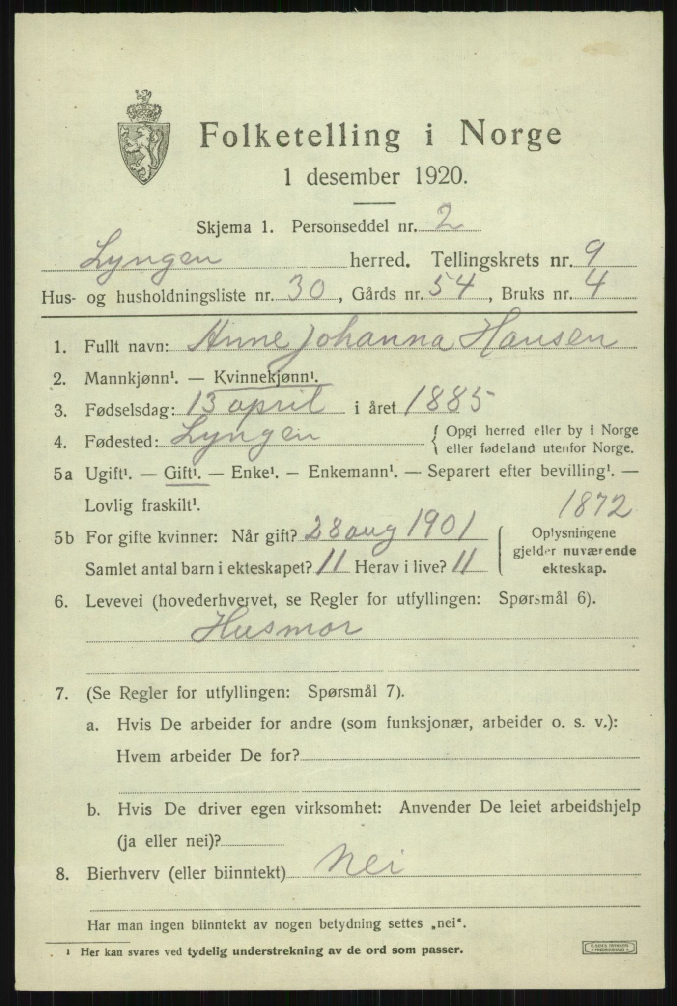 SATØ, 1920 census for Lyngen, 1920, p. 7911