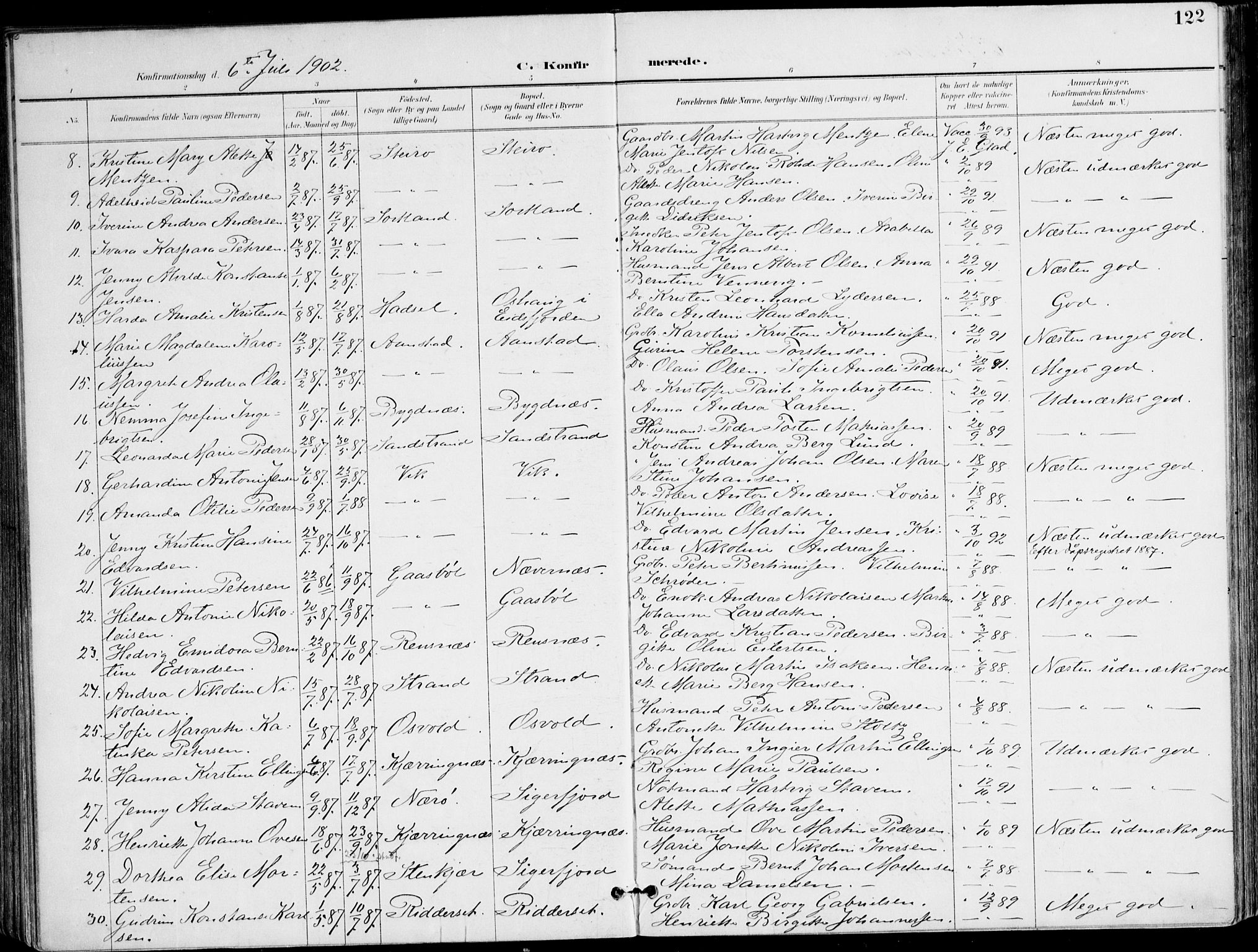 Ministerialprotokoller, klokkerbøker og fødselsregistre - Nordland, AV/SAT-A-1459/895/L1372: Parish register (official) no. 895A07, 1894-1914, p. 122