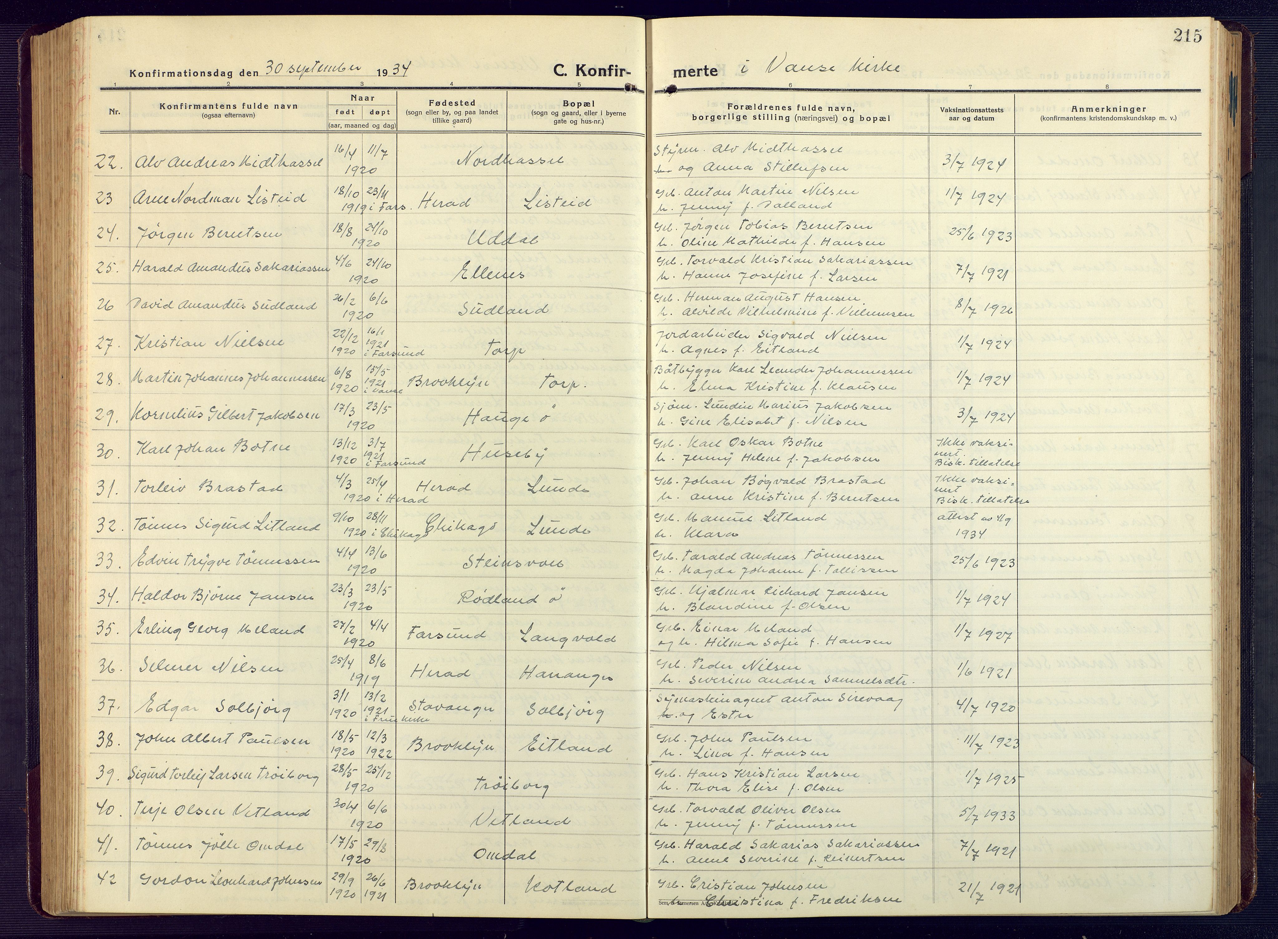 Lista sokneprestkontor, AV/SAK-1111-0027/F/Fb/L0006: Parish register (copy) no. B 6, 1924-1947, p. 215