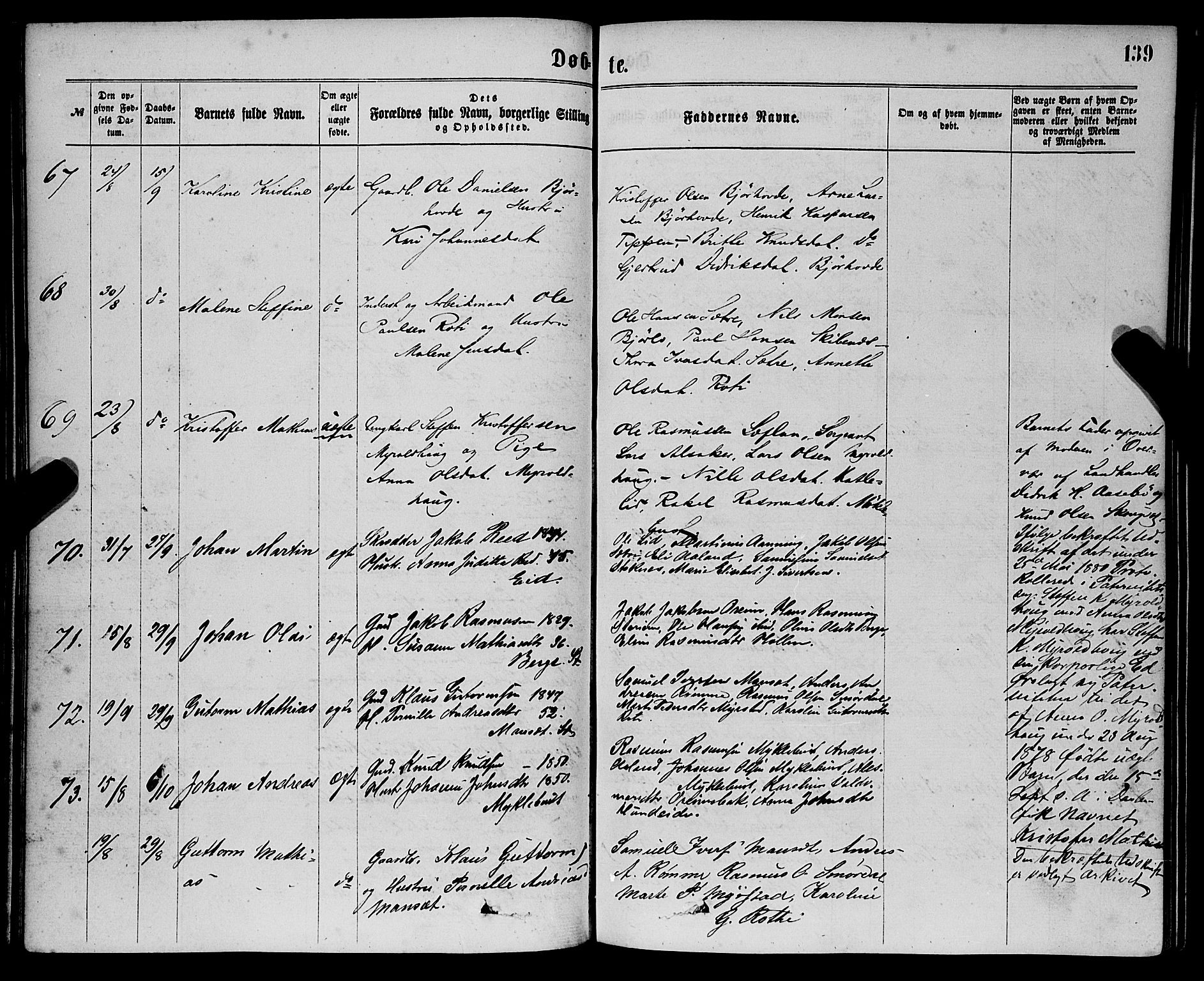 Eid sokneprestembete, AV/SAB-A-82301/H/Haa/Haaa/L0010: Parish register (official) no. A 10, 1867-1878, p. 139