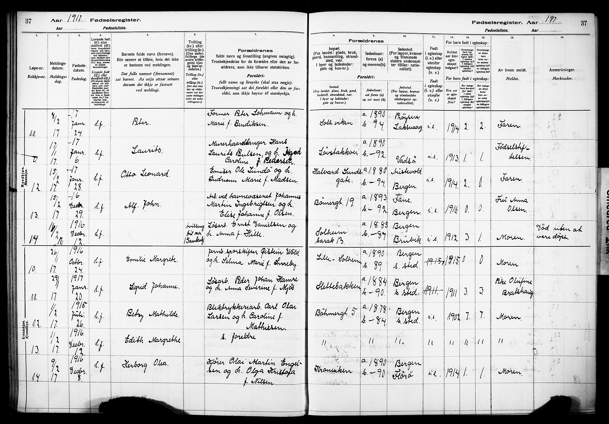 Årstad Sokneprestembete, AV/SAB-A-79301/I/Id/L0A01: Birth register no. A 1, 1916-1920, p. 37