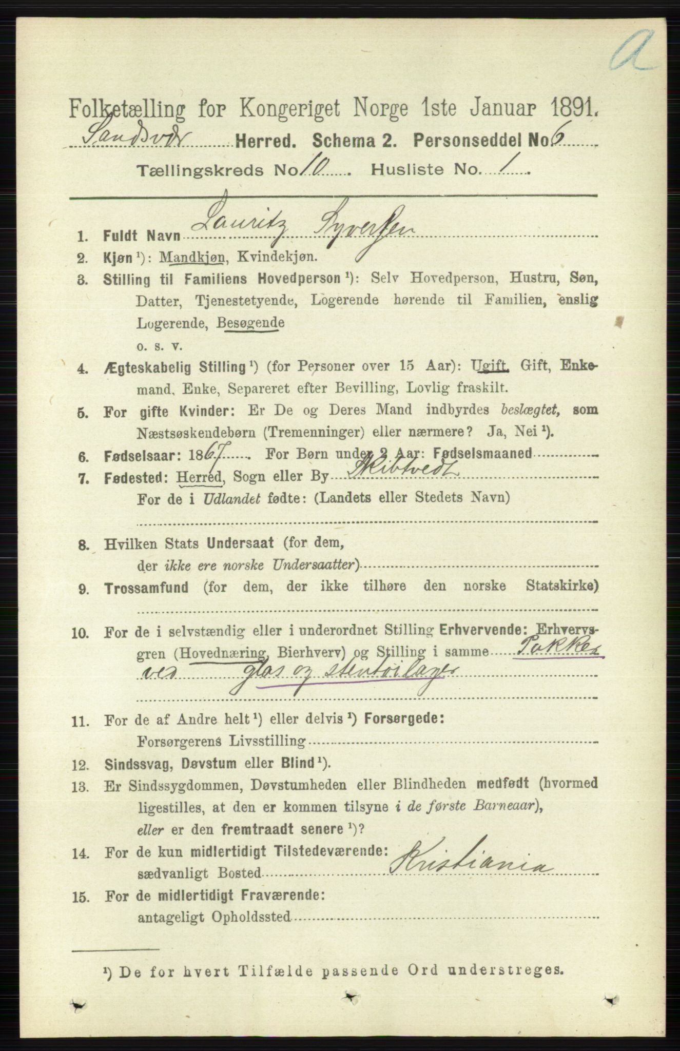 RA, 1891 census for 0629 Sandsvær, 1891, p. 4928