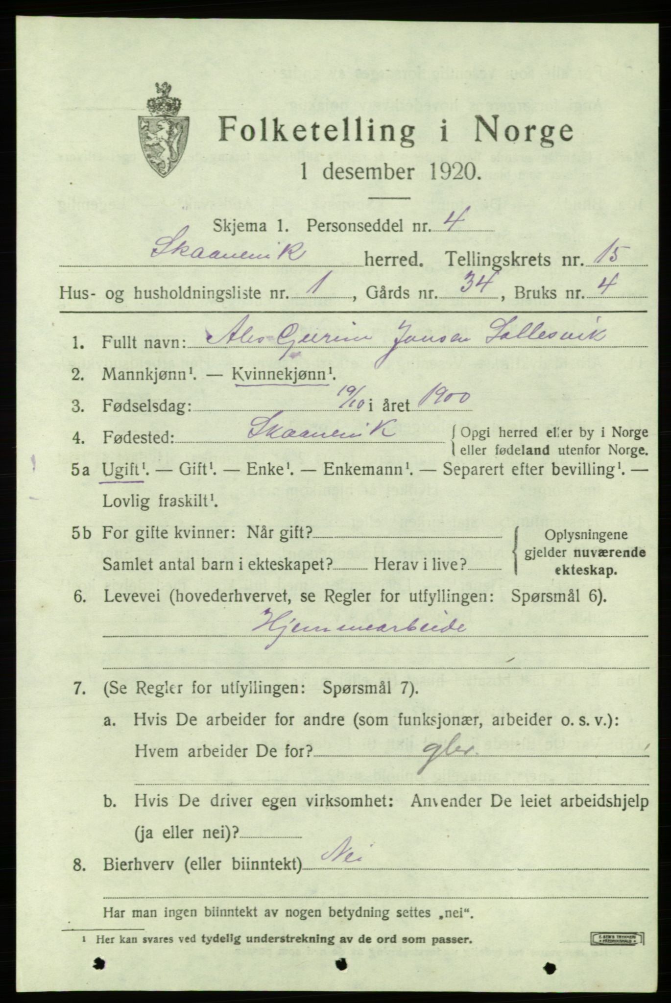 SAB, 1920 census for Skånevik, 1920, p. 6167