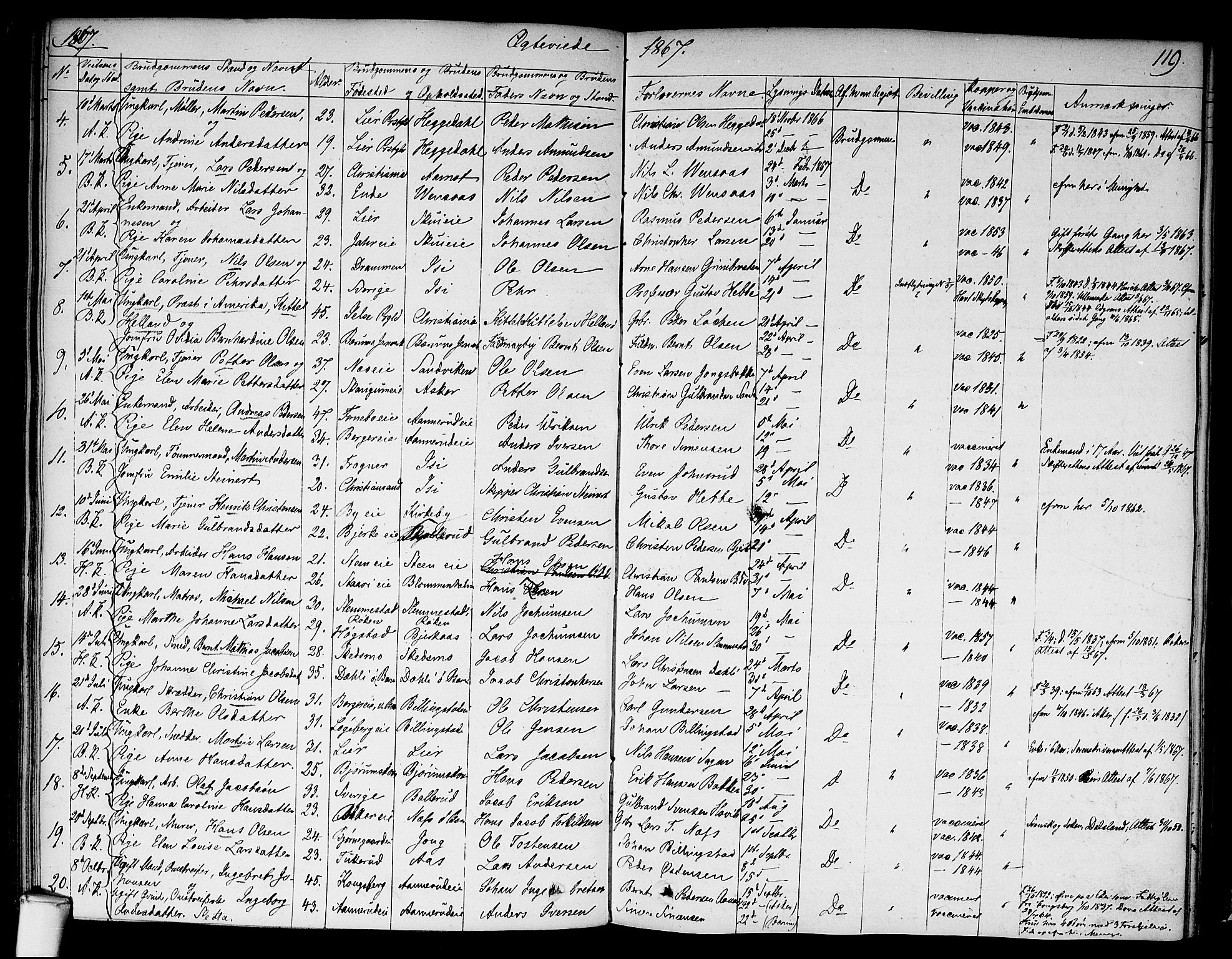 Asker prestekontor Kirkebøker, SAO/A-10256a/F/Fa/L0010: Parish register (official) no. I 10, 1825-1878, p. 119
