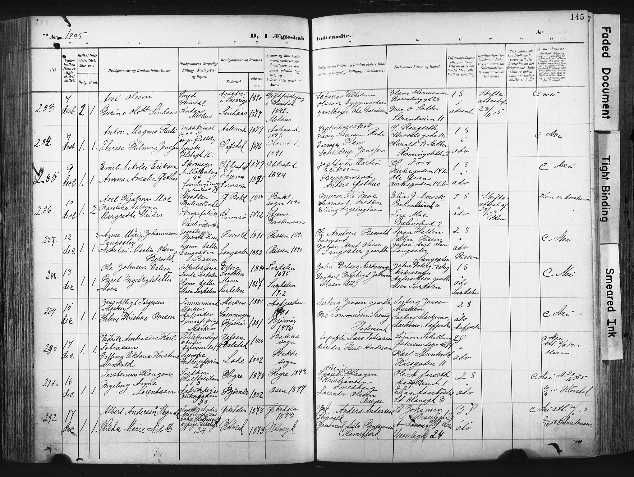 Ministerialprotokoller, klokkerbøker og fødselsregistre - Sør-Trøndelag, AV/SAT-A-1456/604/L0201: Parish register (official) no. 604A21, 1901-1911, p. 145