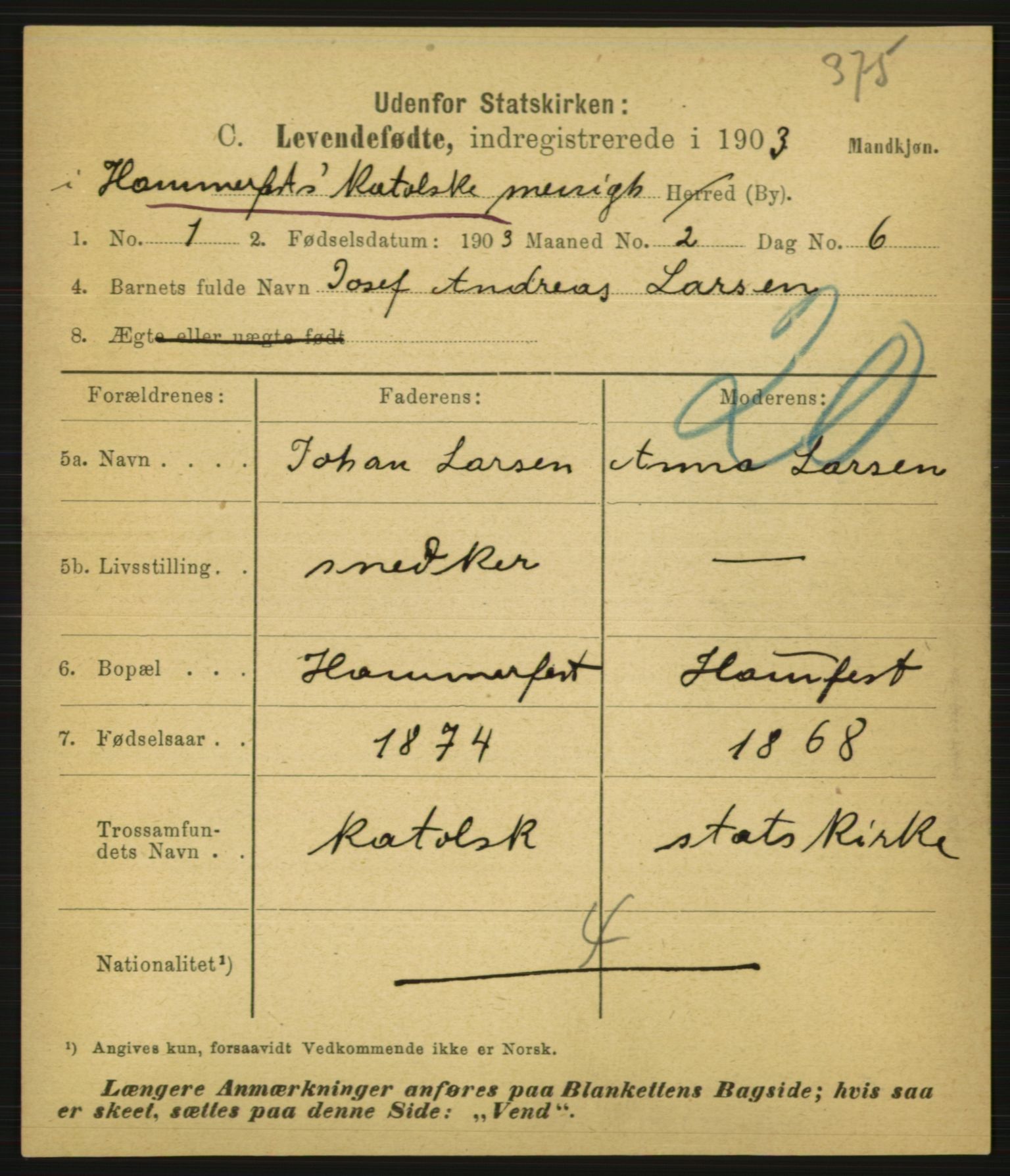 Statistisk sentralbyrå, Sosiodemografiske emner, Befolkning, AV/RA-S-2228/E/L0001: Fødte, gifte, døde dissentere., 1903, p. 1799