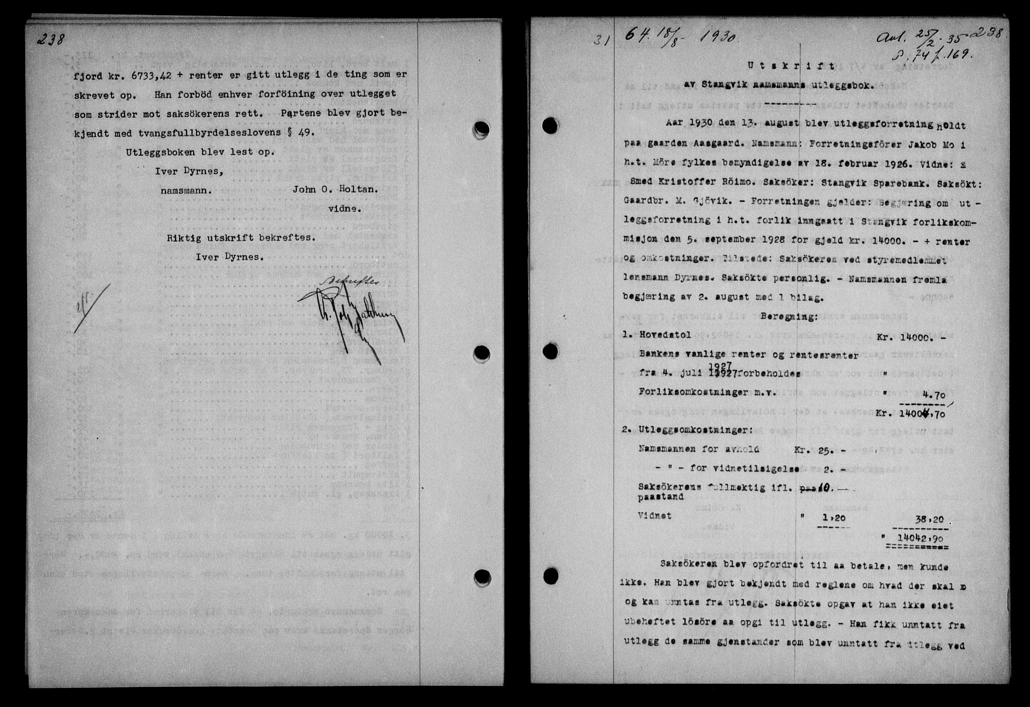 Nordmøre sorenskriveri, AV/SAT-A-4132/1/2/2Ca/L0070: Mortgage book no. 60, 1930-1930, Deed date: 18.08.1930