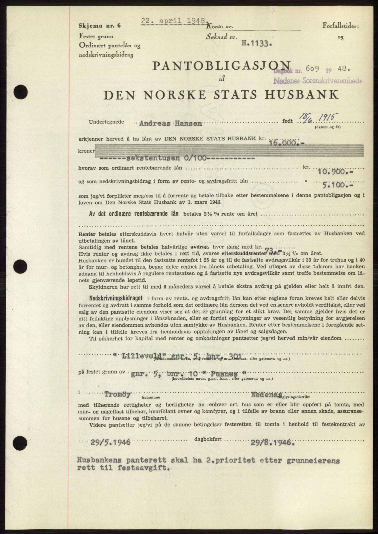 Nedenes sorenskriveri, AV/SAK-1221-0006/G/Gb/Gbb/L0005: Mortgage book no. B5, 1948-1948, Diary no: : 609/1948