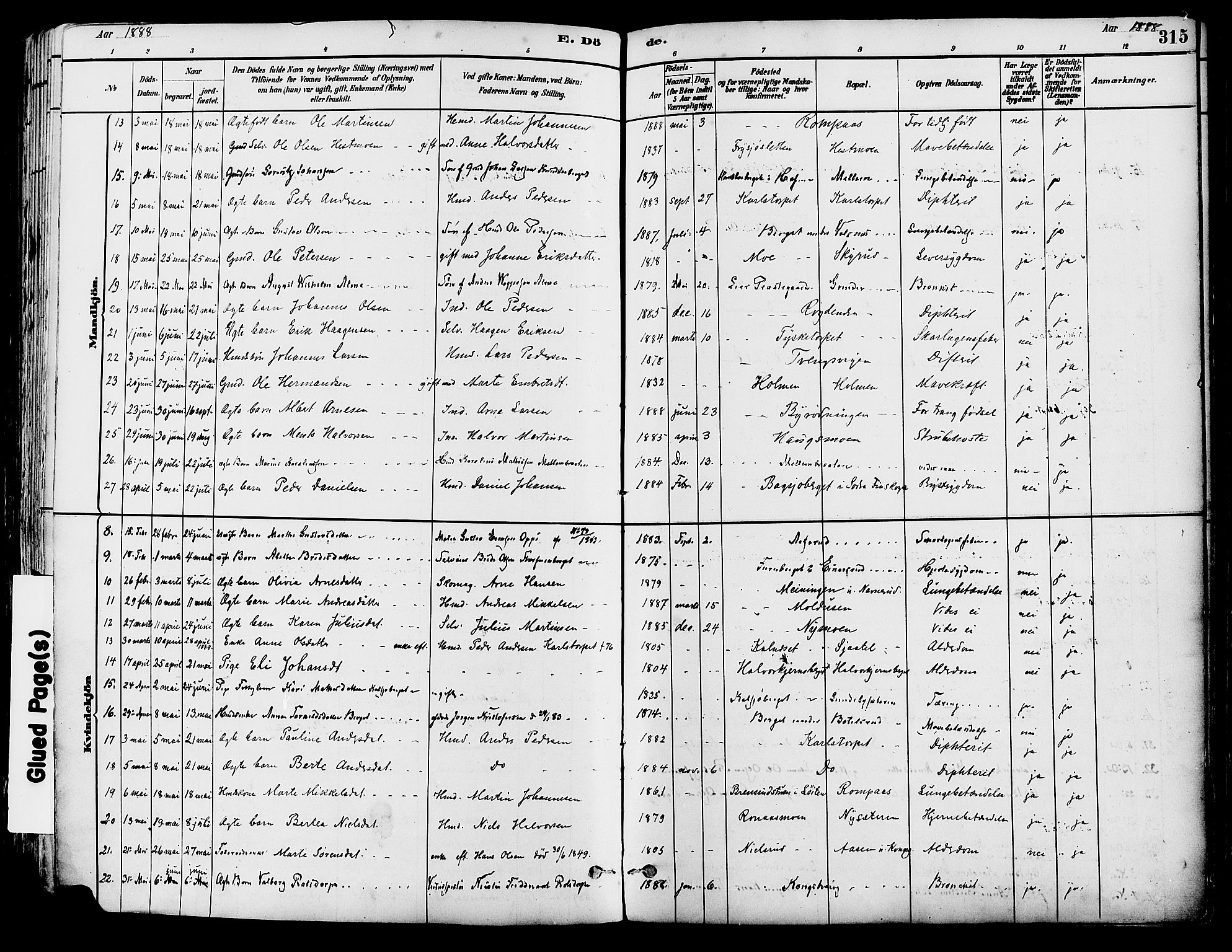 Grue prestekontor, AV/SAH-PREST-036/H/Ha/Haa/L0012: Parish register (official) no. 12, 1881-1897, p. 315