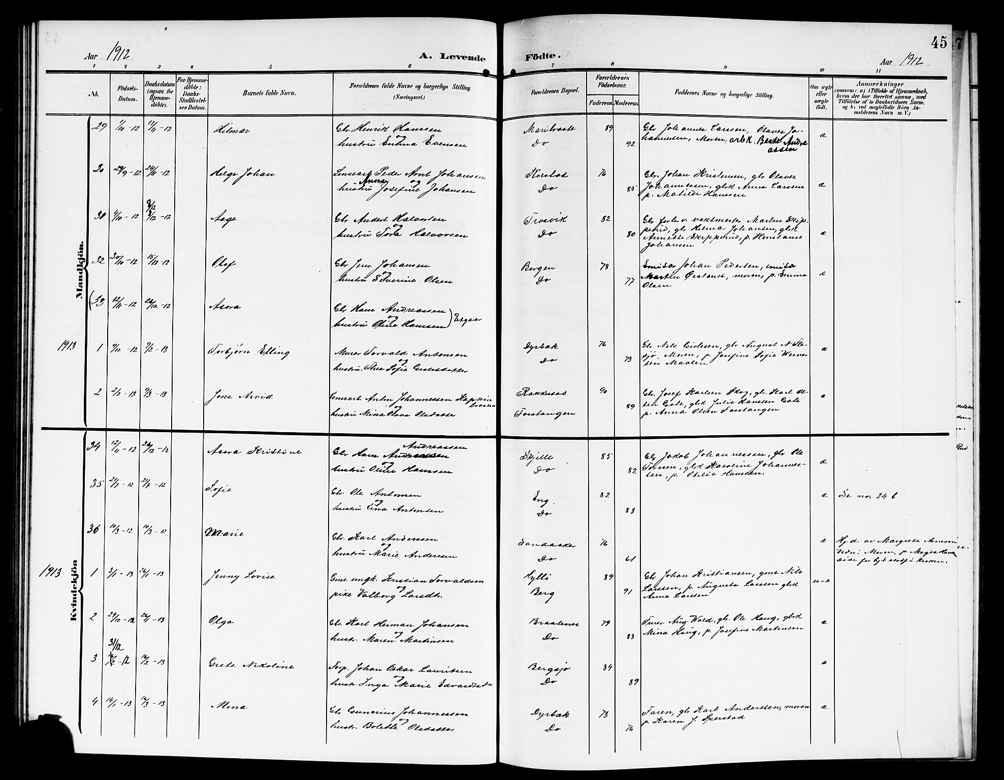 Skiptvet prestekontor Kirkebøker, SAO/A-20009/G/Ga/L0002: Parish register (copy) no. 2, 1905-1915, p. 45